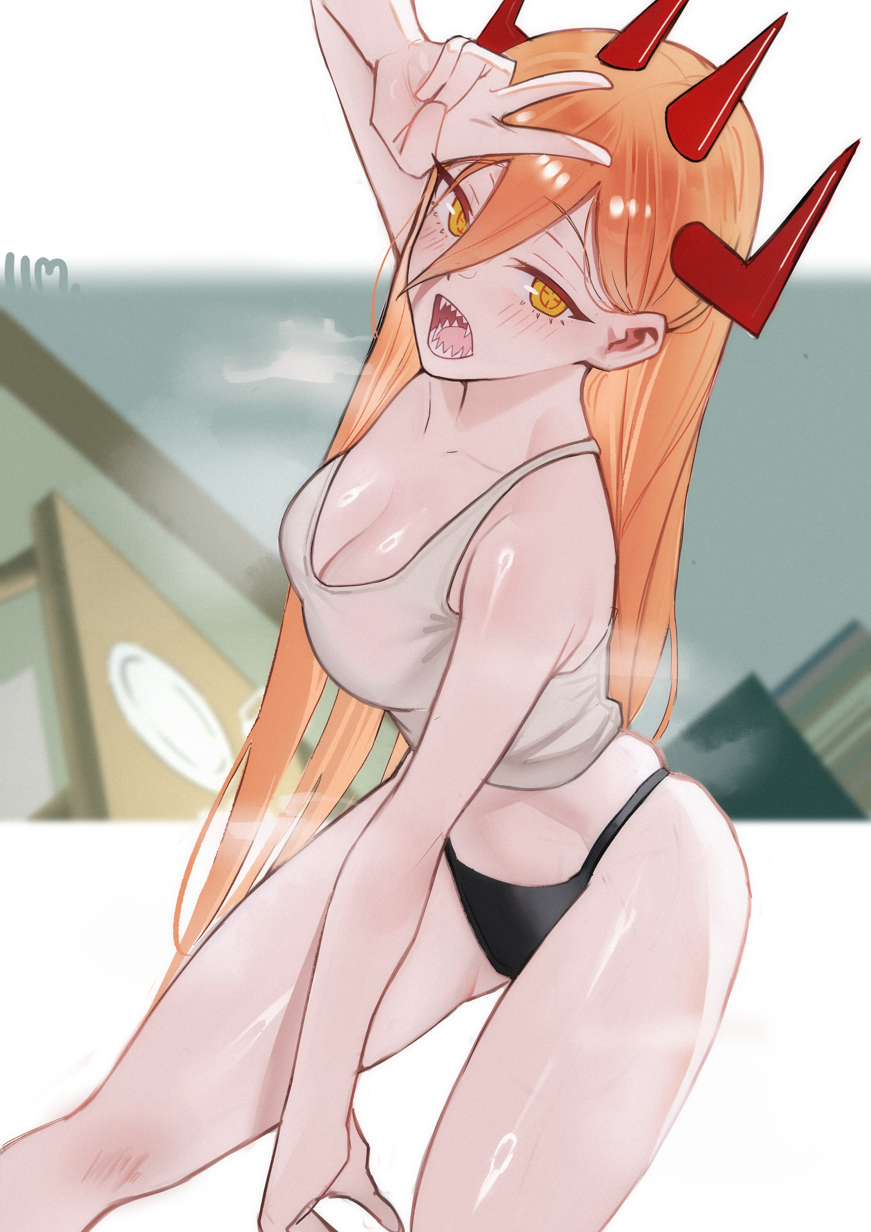 1im illus, absurdres, black panties, blonde hair, breasts, chainsaw man, cleavage, demon girl, demon horns, female, grey tank top, hair between eyes, hand up, highres, horns, large breasts, leaning forward, long hair, long hair between eyes, looking at viewer, multiple horns, open mouth, panties, power (chainsaw man), red horns, sharp teeth, solo, tank top, teeth, underwear, v, very long hair, yellow eyes