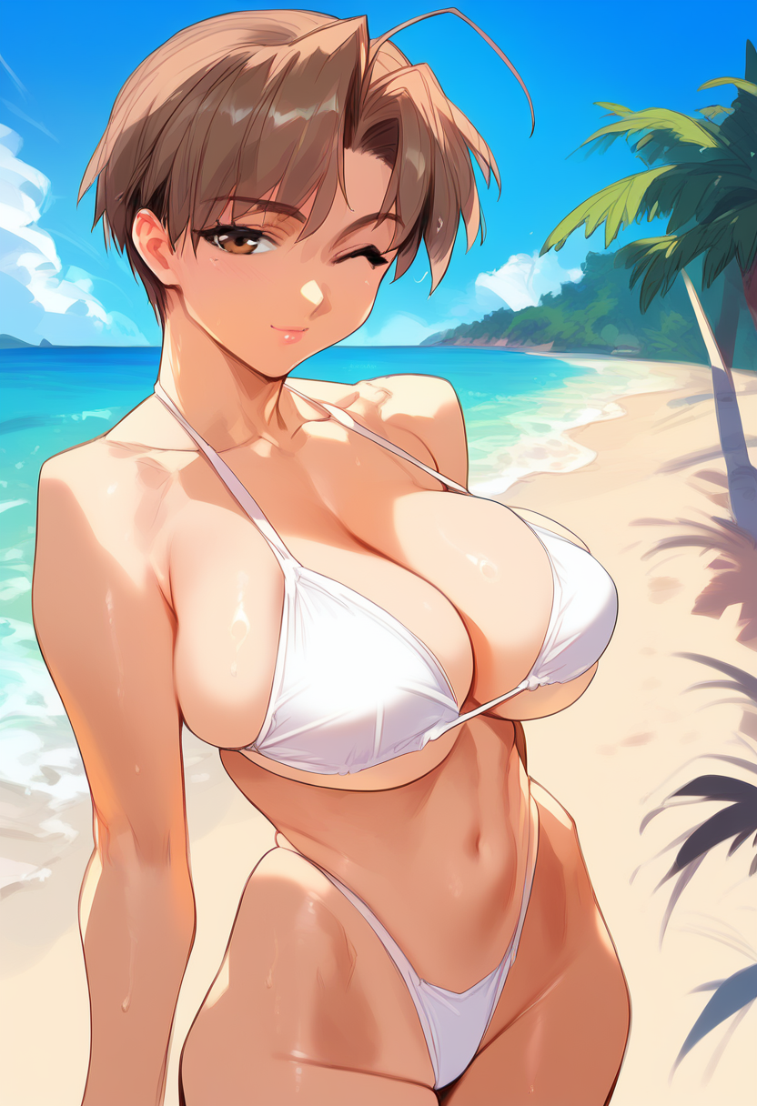 2d ai_generated big_breasts bikini female female_focus female_only konno_mitsune love_hina short_hair solo solo_female solo_focus tagme white_bikini