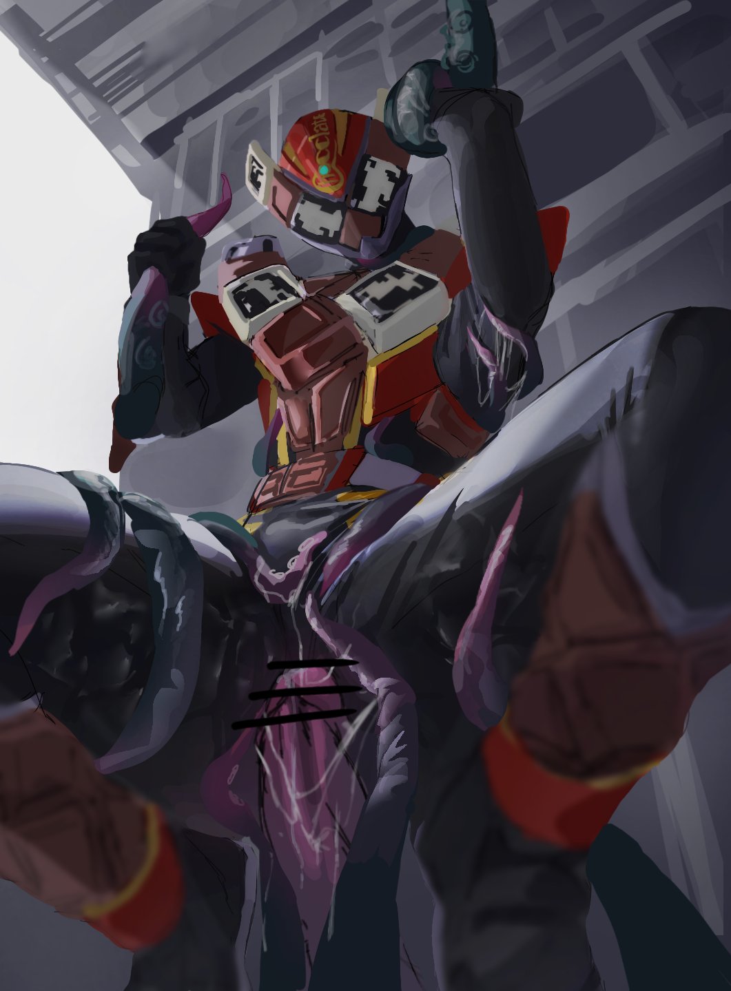 1boy armor armored_male belt black_markings bodily_fluids bodysuit bodysuit_bulge censor_bar censored censored_penis chocolate erection erection_under_bodysuit hanto_karakida helmet kamen_rider kamen_rider_gavv_(series) kamen_rider_valen large_penis mai_(artist) male male_focus male_only mask masked masked_male monster_cock monster_on_human monster_on_male non-human_penis octopus octopus_tentacle penis slime tentacle tentacle_around_penis tentacle_around_wrist tentacle_grab tentacle_sex tentacle_slime tentacles_around_legs villain_on_hero