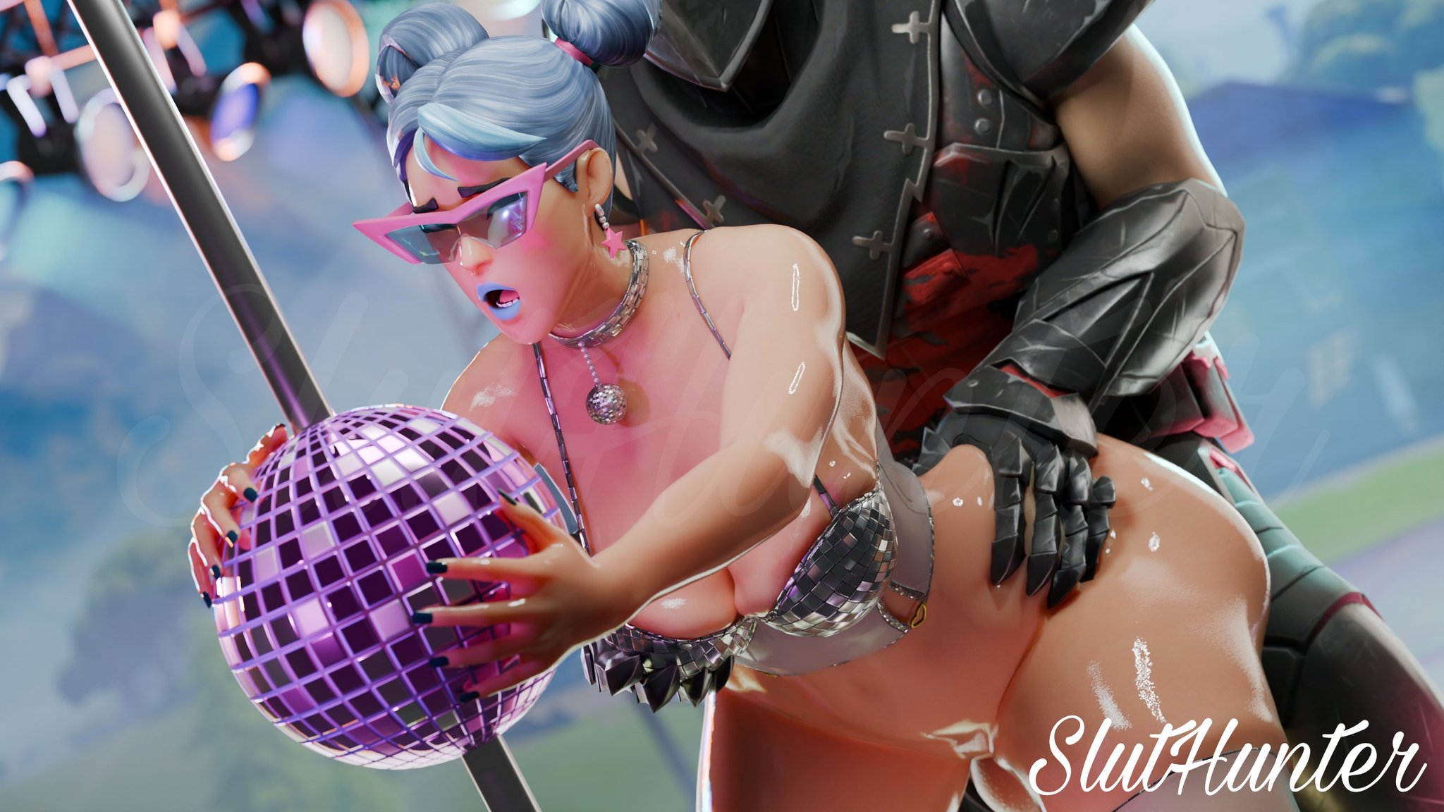 1boy, 1girls, ass, big ass, black knight (fortnite), female, fortnite, from behind, headhunter (fortnite) (model), headhunternsfw, light skin, light-skinned female, light-skinned male, male, slut hunter, sparkle diva, sparkle specialist, sunglasses, tinted eyewear