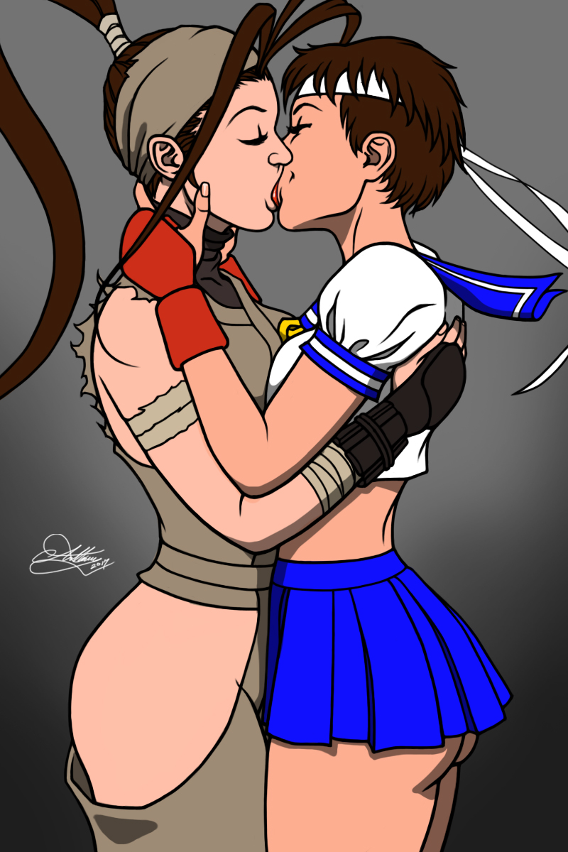 capcom ibuki_(street_fighter) japanese_school_uniform kaywest kissing sakura_kasugano street_fighter