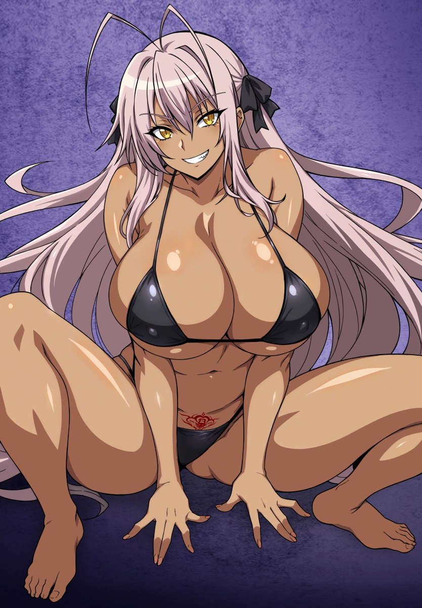 1girls all_fours alternate_eye_color alternate_hair_color antenna_hair ass_visible_through_thighs bare_legs bare_shoulders barefoot bikini black_bikini breasts cleavage collarbone corruption covered_nipples dark-skinned_female dark_persona dark_skin evil_grin evil_smile female female_only grin high_school_dxd highres huge_breasts legs long_hair looking_at_viewer navel pink_hair pubic_tattoo rossweisse shoulders sideboob skindentation slit_pupils smile solo squatting stomach swimsuit tan tattoo thick_thighs underboob very_long_hair yellow_eyes yxyyxy