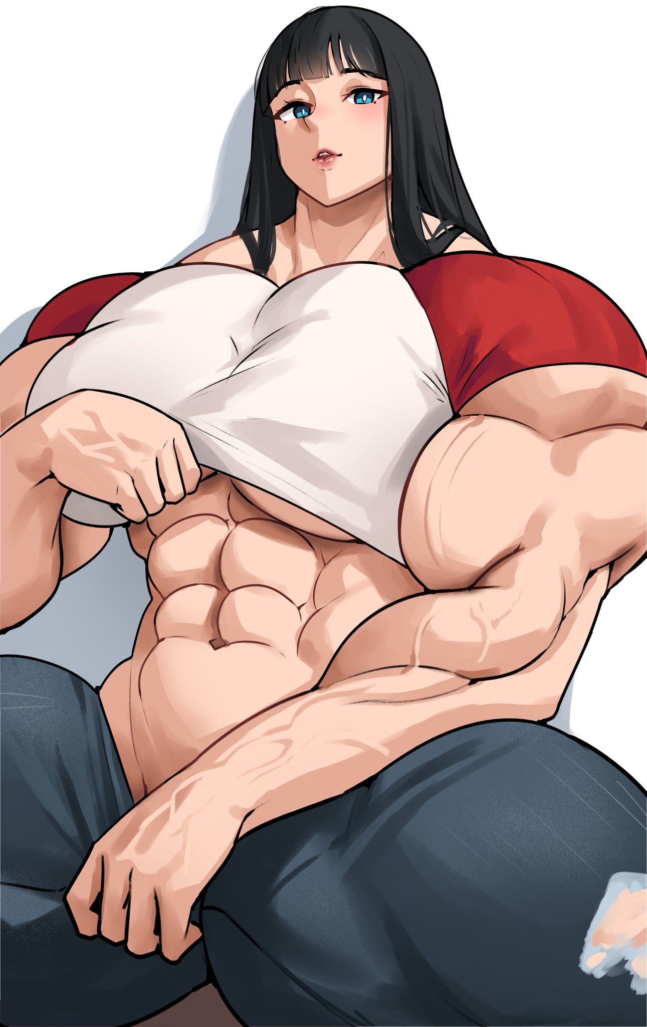 abs black_hair blue_eyes blunt_bangs casual huge_muscles jeans large_breasts lifting_shirt musctonk muscular_female ripped_pants veiny_muscles