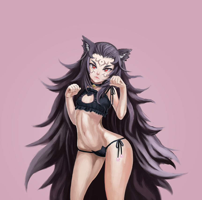 angry black_hair blush cape cat_bra cat_ears cat_girl cat_keyhole_bra cat_paws cat_tail catgirl circlet elbow_gloves female fire_emblem fire_emblem_fates gloves hair_ornament long_hair nyx_(fire_emblem) red_eyes solo tattoo thighhighs