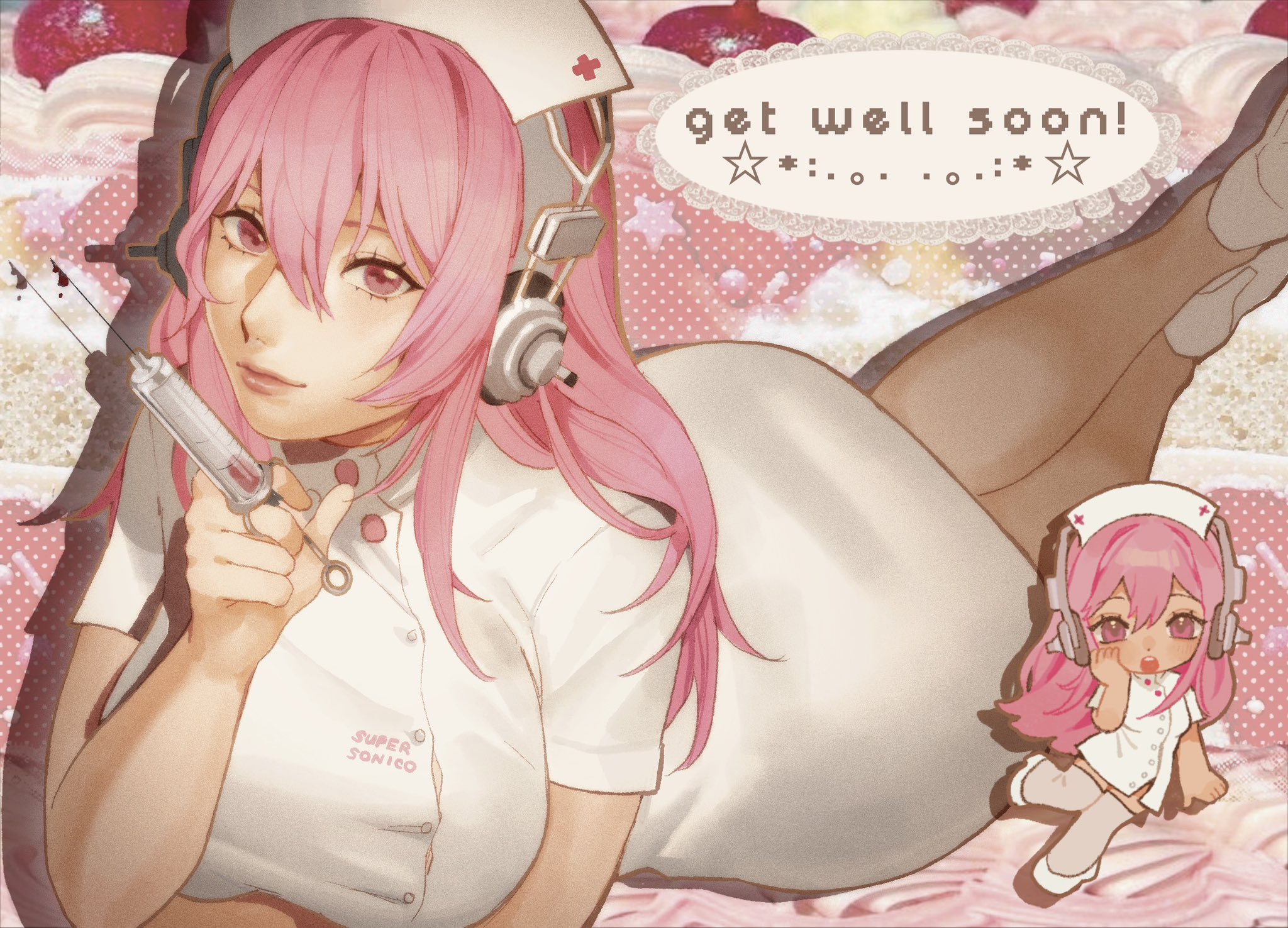 ass, big ass, big breasts, breasts, english text, female, ksooupart, looking at viewer, nitroplus, nurse, nurse uniform, pink hair, sexy, sexy pose, super sonico, syringe