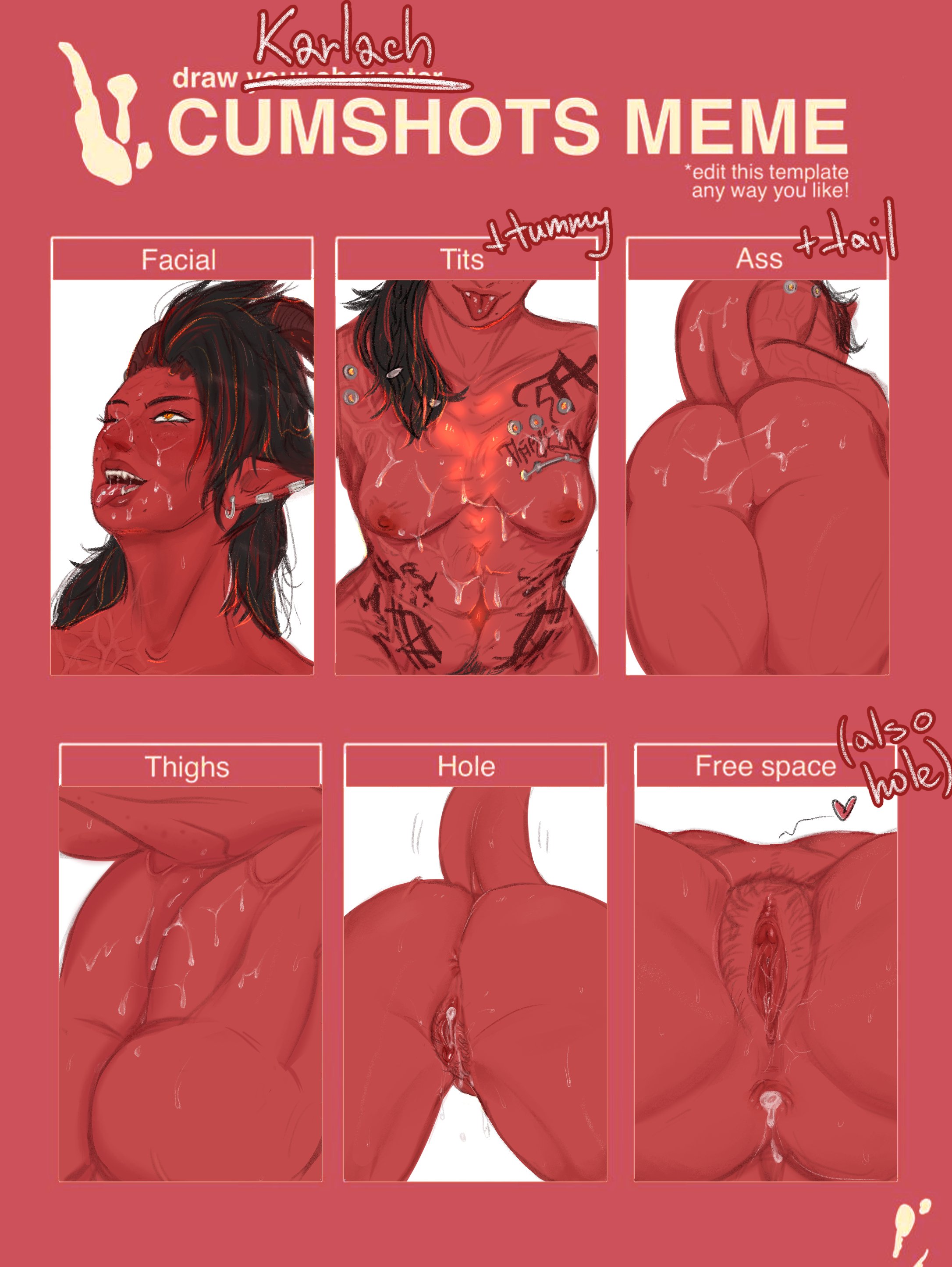 1girls, ass, baldur's gate 3, breasts, cum, cum drip, cum in ass, cum in mouth, cum in pussy, cum inside, cum on ass, cum on body, cum on breasts, cum on face, cum on stomach, cum on thighs, cumshot, cumshots meme, female, glowing body, hairy pussy, karlach, meme, one eye closed, piercings, planetcoma, pussy, red body, red skin, scars, solo, tail, tattoos, tiefling, tiefling girl, tongue out, vaginal creampie, yellow eyes