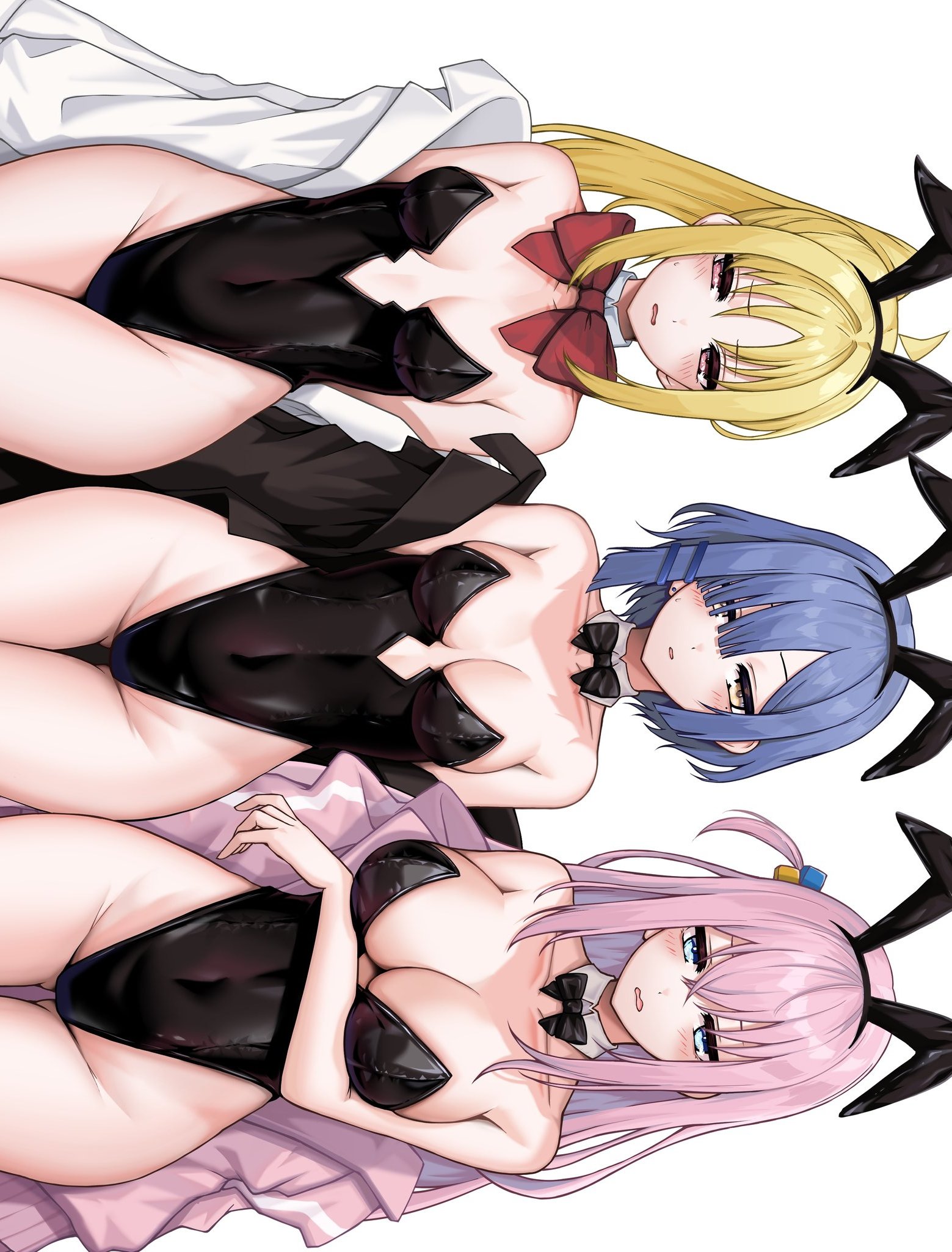 3girls, ahoge, alternate costume, alternate hairstyle, animal ears, arm under breasts, bare shoulders, black bow, black bowtie, black corset, black leotard, blonde hair, blue eyes, blue hair, blush, bocchi the rock!, bow, bowtie, breast size difference, breasts, buttons, coat, collar, collarbone, commentary, corset, covered navel, cowboy shot, cube hair ornament, detached collar, double-breasted, embarrassed, fake animal ears, gluteal fold, gotou hitori, groin, hair ornament, hair over one eye, hairclip, highleg, highleg leotard, highres, ijichi nijika, jacket, kushinaka, large breasts, leotard, long hair, looking at viewer, medium breasts, mole, mole under eye, multiple girls, off shoulder, open clothes, open mouth, open shirt, pink hair, pink jacket, playboy bunny, ponytail, rabbit ears, red bow, red bowtie, red eyes, shirt, short hair, sideways, simple background, sleeveless, strapless, strapless leotard, thigh gap, thighs, track jacket, white background, white collar, white shirt, wide hips, wispy bangs, yamada ryou, yellow eyes