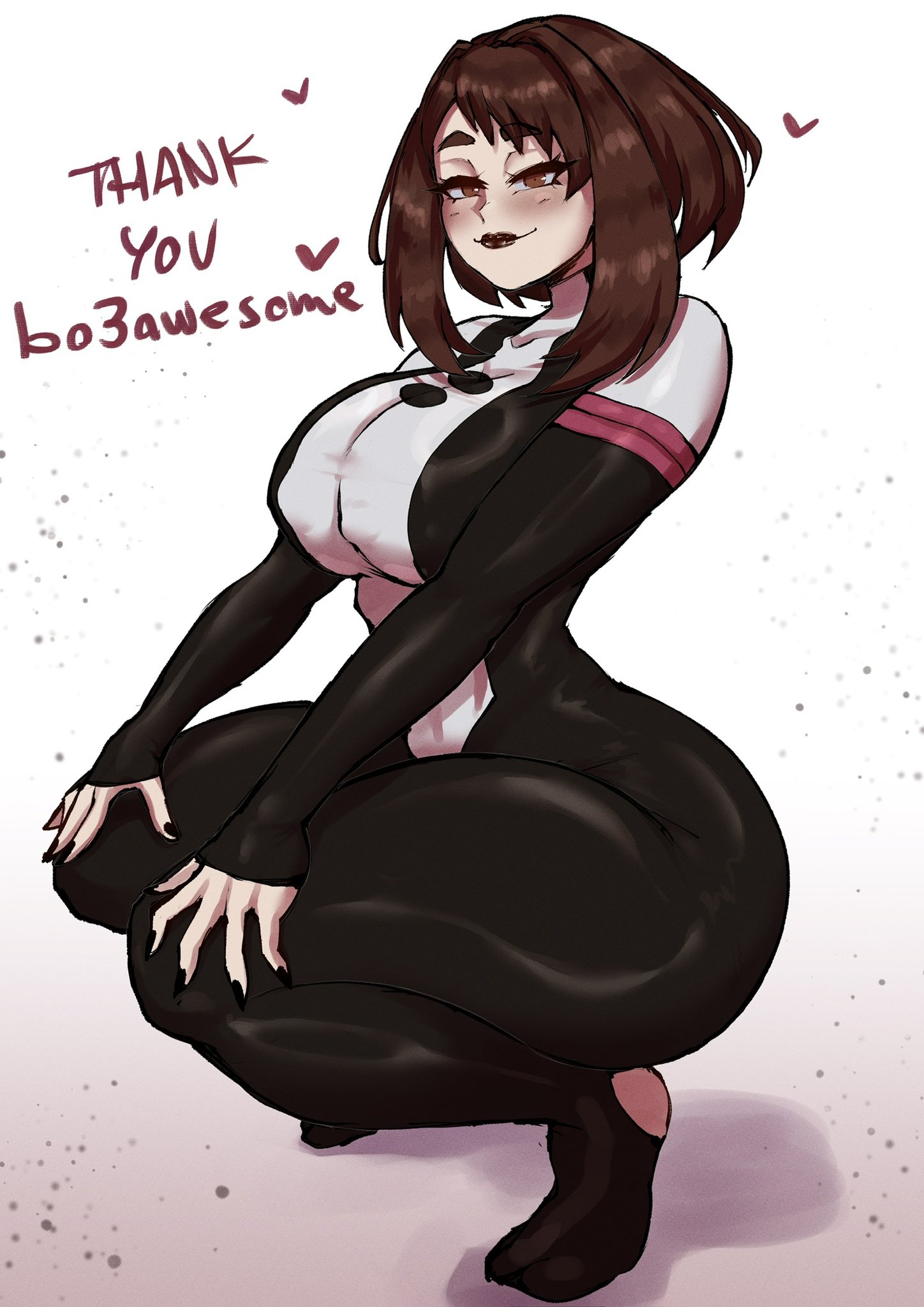 1girls, ass, big ass, big breasts, bodysuit, boku no hero academia, breasts, brown hair, deadcloud, female, female only, hero outfit (mha), heroine, huge ass, jpeg, large ass, latex, looking at viewer, looking back, my hero academia, ochako uraraka, ochako uraraka (hero outfit), peace sign, plain background, pose, posing for the viewer, short hair, simple background, speech bubble, voluptuous, voluptuous female