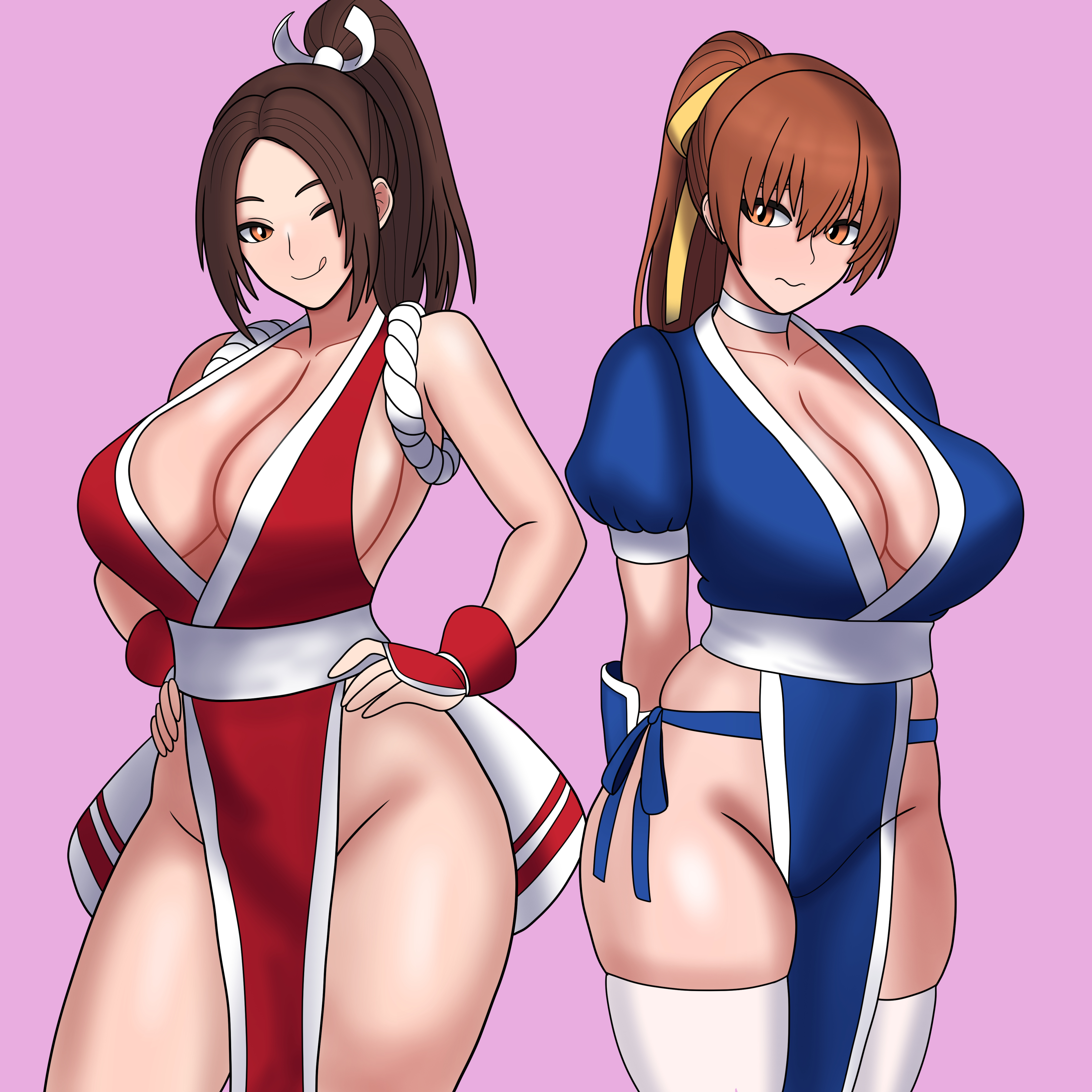 ;d, 2d, 2d (artwork), 2girls, absurd res, alternate breast size, arm guards, bare shoulders, blush, bojack198, breasts, brown eyes, brown hair, choker, cleavage, cowboy shot, crossover, dead or alive, ecchi, fatal fury, female, female focus, female only, hair ribbon, hands on own hips, hi res, high ponytail, japanese, japanese clothes, kasumi (doa), large breasts, licking lips, long hair, looking at viewer, mai shiranui, matching hair/eyes, multiple females, multiple girls, ninja, no bra, no panties, one eye closed, open mouth, panties, pelvic curtain, pillow shading, pink background, ponytail, revealing clothes, ribbon, rope, shin guards, side-tie panties, sideboob, skindentation, smile, snk, standing, the king of fighters, thighhighs, tongue, tongue out, trait connection, underwear, white choker, white thighhighs, wink, wrist guards, yellow ribbon