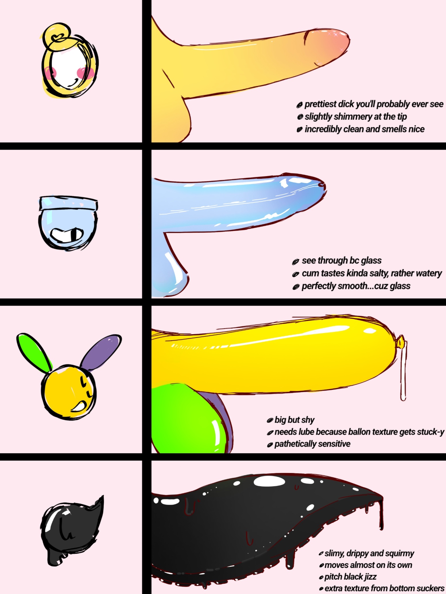 blot (dandy's world), cock, cock comparison, dandy's world, dandys world, dick, finn (dandy's world), glisten (dandy's world), looey (dandy's world), male, penis, penis chart, penis comparison, pinkdeaddove, unusual genitalia, unusual penis