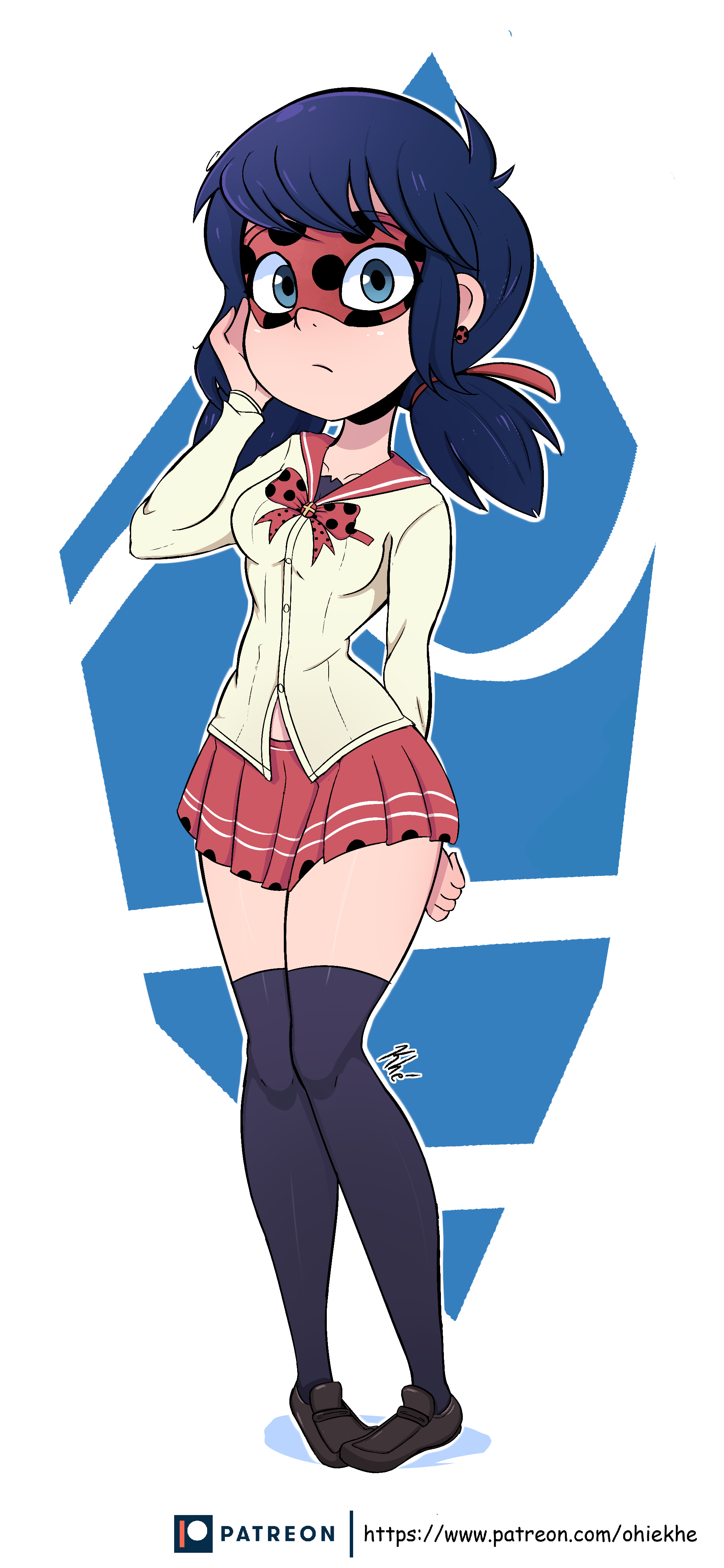 1girls, blue hair, female, female focus, female only, hi res, jpeg, ladybug (character), looking at viewer, marinette cheng, marinette dupain-cheng, mask, miraculous ladybug, ohiekhe, shoes on, solo, standing, tagme