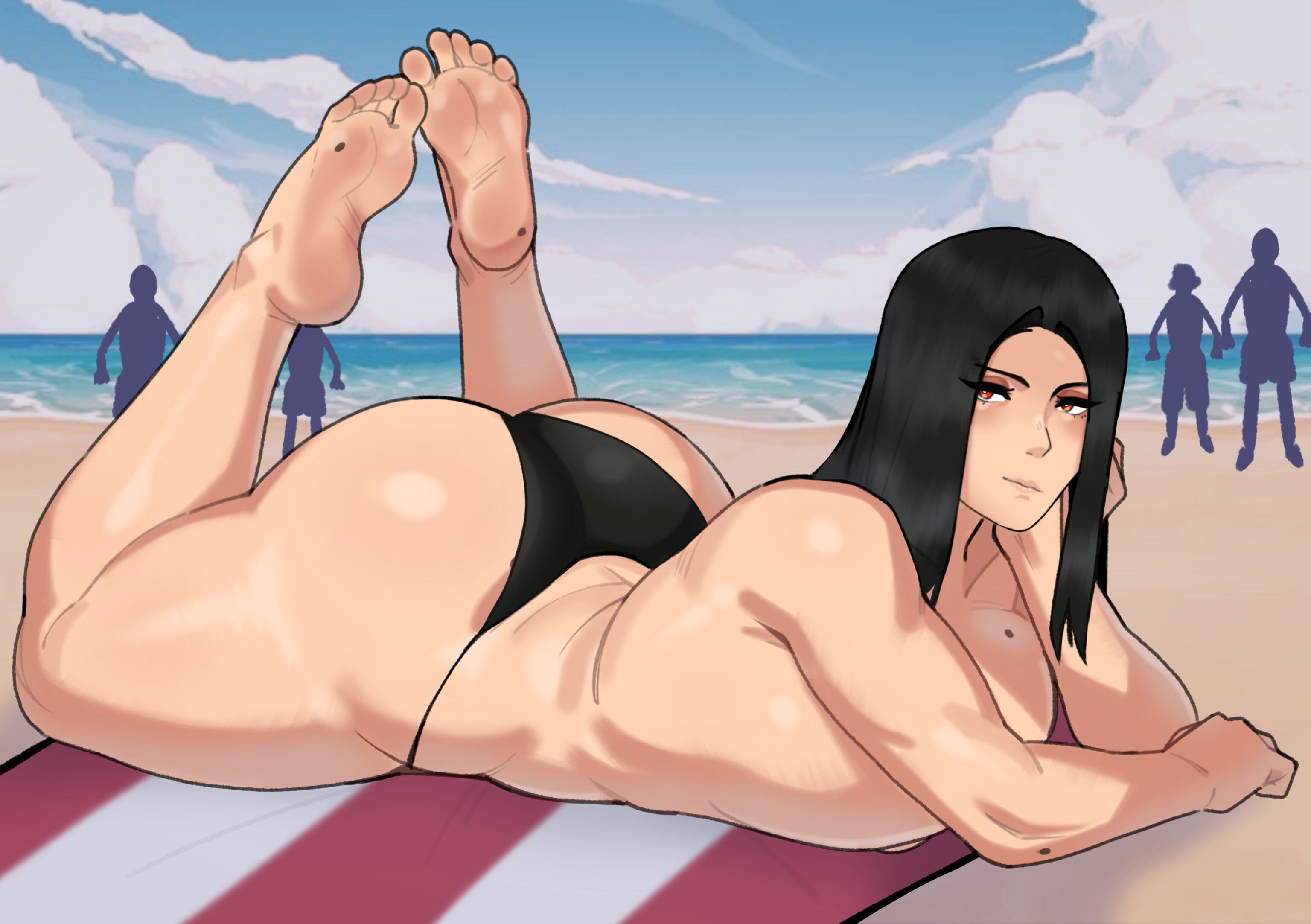 1boy, 2d, age difference, alternate version available, androgynous, arc system works, ass, barefoot, beach, big ass, bikini bottom, black hair, bubble ass, bubble butt, color, crowd, emo, feet, femboy, femboy focus, full color, goth, guilty gear, guilty gear strive, huge ass, johnv, large ass, legs up, light skin, light-skinned femboy, light-skinned male, long hair, looking at viewer, lying, male, male focus, non, on stomach, otoko no ko, pretty boy, public, public exposure, red eyes, shirtless, skindentation, solo, sunbathing, testament (guilty gear), the pose, thick, thick ass, thick thighs, thong, topless, trap, voluptuous, voluptuous femboy, voluptuous male