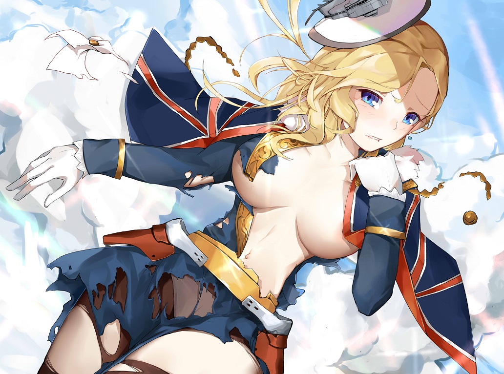 ? azur_lane bangs biting_lip blonde_hair blue_eyes breasts capelet cleavage cloud earrings eyebrows_visible_through_hair female floating gloves hair_over_shoulder hat hood_(azur_lane) jewelry large_breasts long_hair looking_at_viewer oshin0_(zheng) skirt sky solo torn_clothes torn_legwear torn_skirt union_jack white_gloves