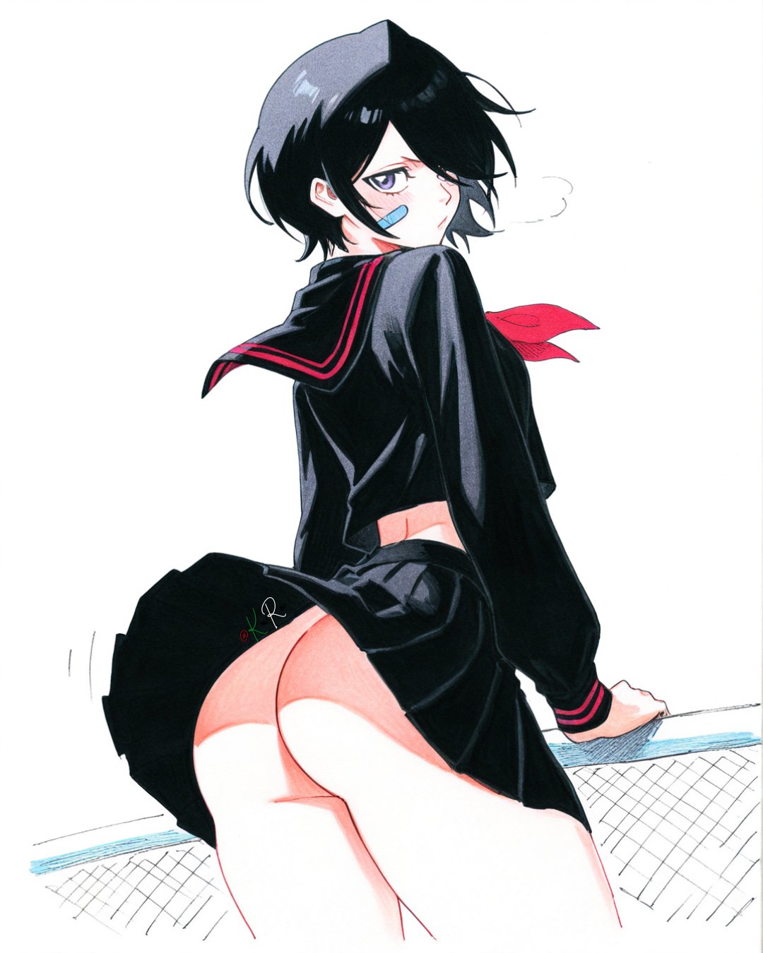 1girls, ai generated, animerch, artist logo, artist signature, ass, ass focus, bandaid, bandaid on face, bare ass, black clothing, black hair, black sailor collar, black serafuku, black shirt, black skirt, bleach, blush, blush stickers, chain-link fence, closed mouth, clothed, clothes lift, clothing, cowboy shot, digital media (artwork), female, female focus, female only, fence, from behind, hair over one eye, high resolution, highres, kuchiki rukia, light skin, light-skinned female, long sleeves, looking at viewer, looking back, miniskirt, neckerchief, no panties, pleated skirt, puff of air, purple eyes, sailor collar, school uniform, serafuku, shirt, short hair, simple background, skirt, skirt lift, solo, solo female, solo focus, standing, thighs, turning head, uniform, white background, wind, wind lift