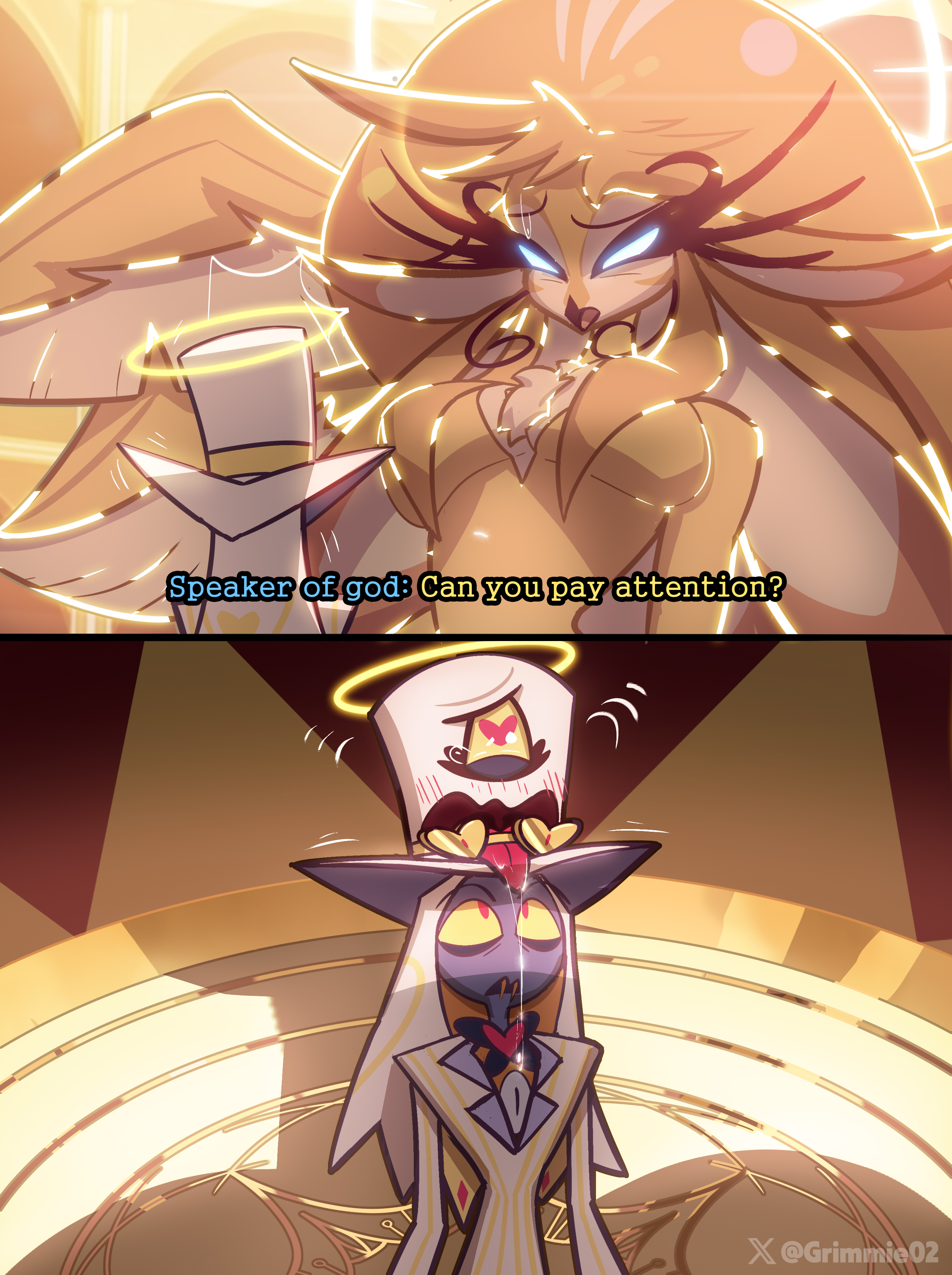 big breasts, breasts, clothed, female, grimmie02, hazbin hotel, heart-shaped pupils, no bra, public, public exposure, revealing clothes, sir pentious (hazbin hotel), sir pentious' hat, speaker of god (hazbin hotel), tight clothing