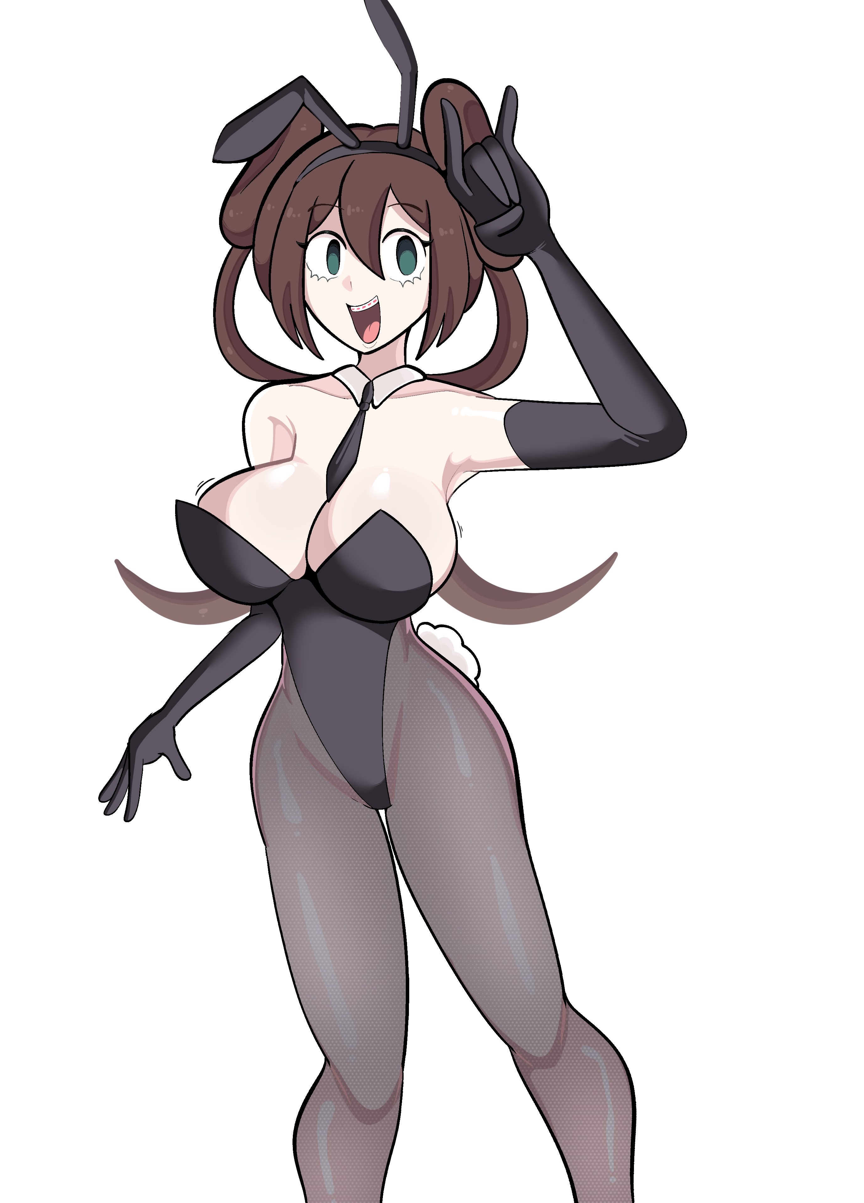 bare shoulders, braces, bunny, bunny costume, bunny ears, bunny girl, bunny tail, bunnysuit, cleavage, female, gloves, hair bun, hair buns, hairbun, hairbuns, long gloves, open mouth, playboy bunny, pokemon, rosa (pokemon), solo, solo female, solo focus, tie, tights, yanderocky