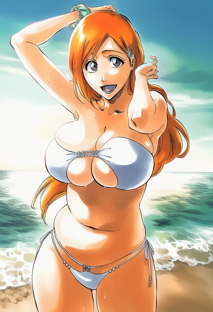 1girls, accurate art style, accurate body type, ai generated, armpits, arms up, bare midriff, barely contained, barely contained breasts, beach, belly button, big breasts, bikini, bleach, bracelet, breasts, breasts bigger than head, brown eyes, busty, clavicle, cleavage, clothing, collarbone, cowboy shot, curvaceous, curvy, day, digital media (artwork), fanart, female, female focus, female only, grey eyes, hair ornament, highres, horizon, huge breasts, inoue orihime, jewelry, large breasts, light skin, light-skinned female, long hair, looking at viewer, massive breasts, navel, ocean, open mouth, orange hair, outdoors, plump, shiny hair, shiny skin, shore, side-tie bikini, side-tie bikini bottom, skindentation, sky, solo, solo female, solo focus, standing, stretched clothing, swimsuit, swimwear, thick thighs, thighs, thong, thong bikini, tite kubo style, voluptuous, water, white bikini, wide hips