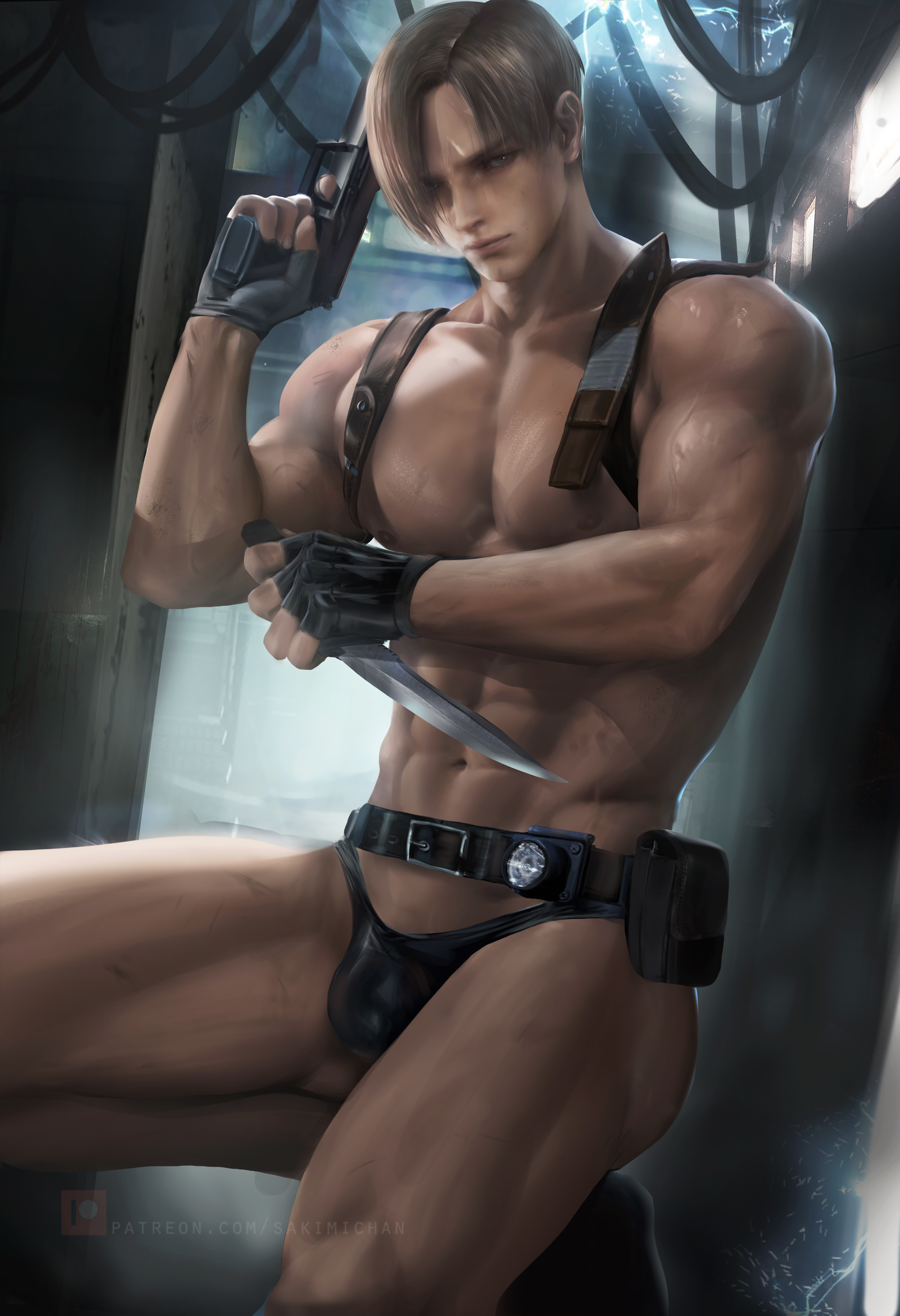 belt, firearm, gun, handgun, knife, leon scott kennedy, male, male only, resident evil, sakimichan, thong, underwear, weapon