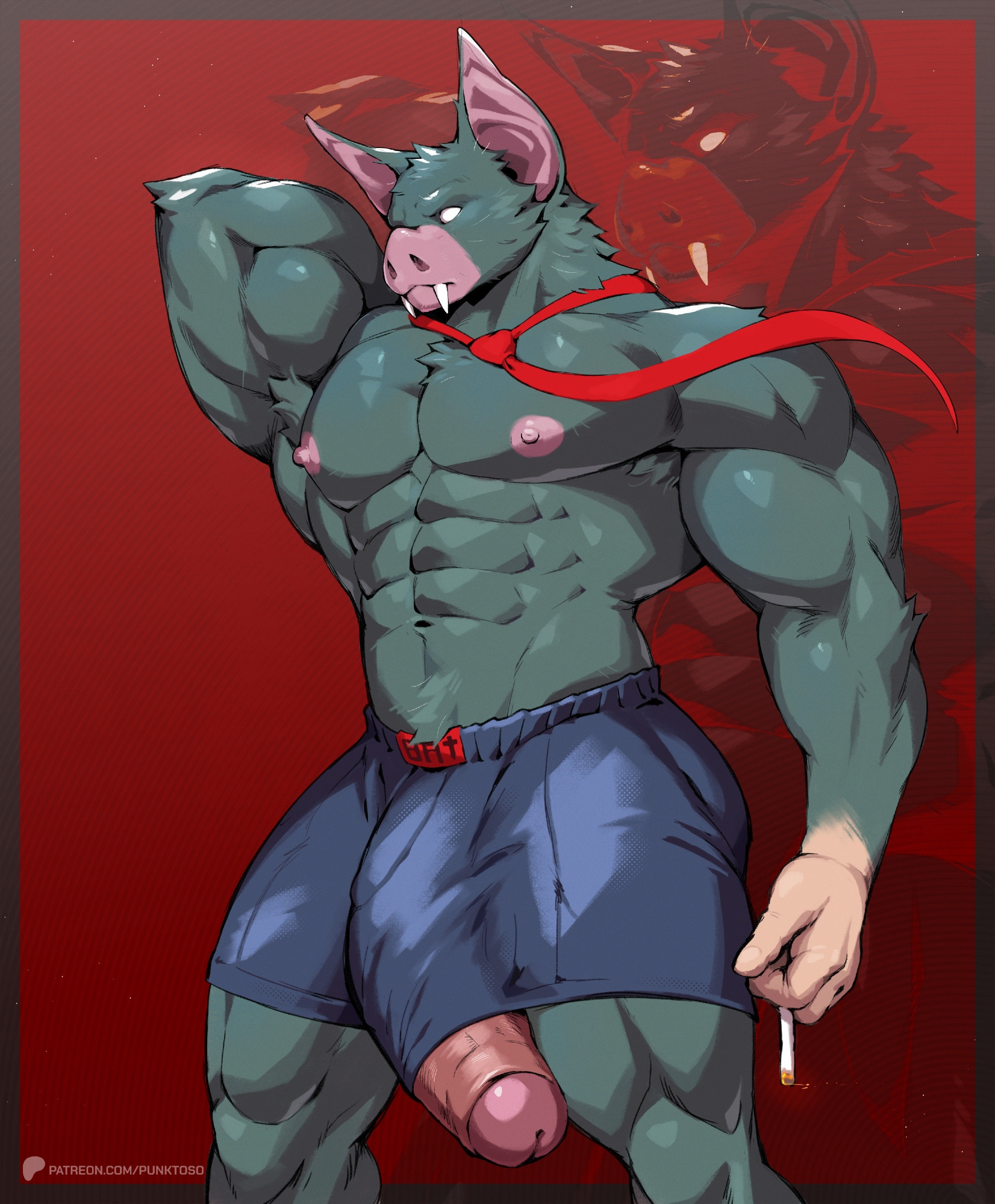 anthro, bara, bat, big penis, boner, bulge, chiropteran, cock, dick, dispatch (game), erection, furry, hand behind head, male, male only, muscular, muscular male, penis, punktoso, solo, solo male, sonar (dispatch)