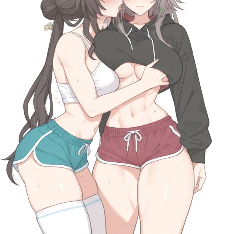 2girls, abs, ai generated, ass, big breasts, big thighs, breasts, female, herta (honkai: star rail), hips, honkai: star rail, hoodie, lesbian, light skin, light-skinned female, long hair, ruan mei (honkai: star rail), shorts, skrintx, socks, the herta (honkai: star rail), thigh socks, thighhighs, thighs, white socks, yuri
