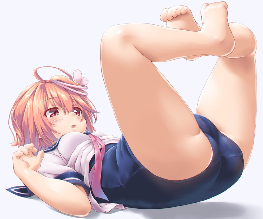 barefoot blouse blue_sailor_collar blue_swimsuit blush breasts cameltoe commentary_request dd_(ijigendd) female grey_background hair_ornament highres i-58_(kantai_collection) kantai_collection legs_together legs_up light_brown_hair lying neckerchief necktie one-piece_swimsuit open_mouth pink_eyes pink_hair pink_neckwear red_eyes sailor_collar school_swimsuit school_uniform serafuku shadow short_hair short_sleeves simple_background small_breasts solo swimsuit swimsuit_under_clothes toe_scrunch white_blouse