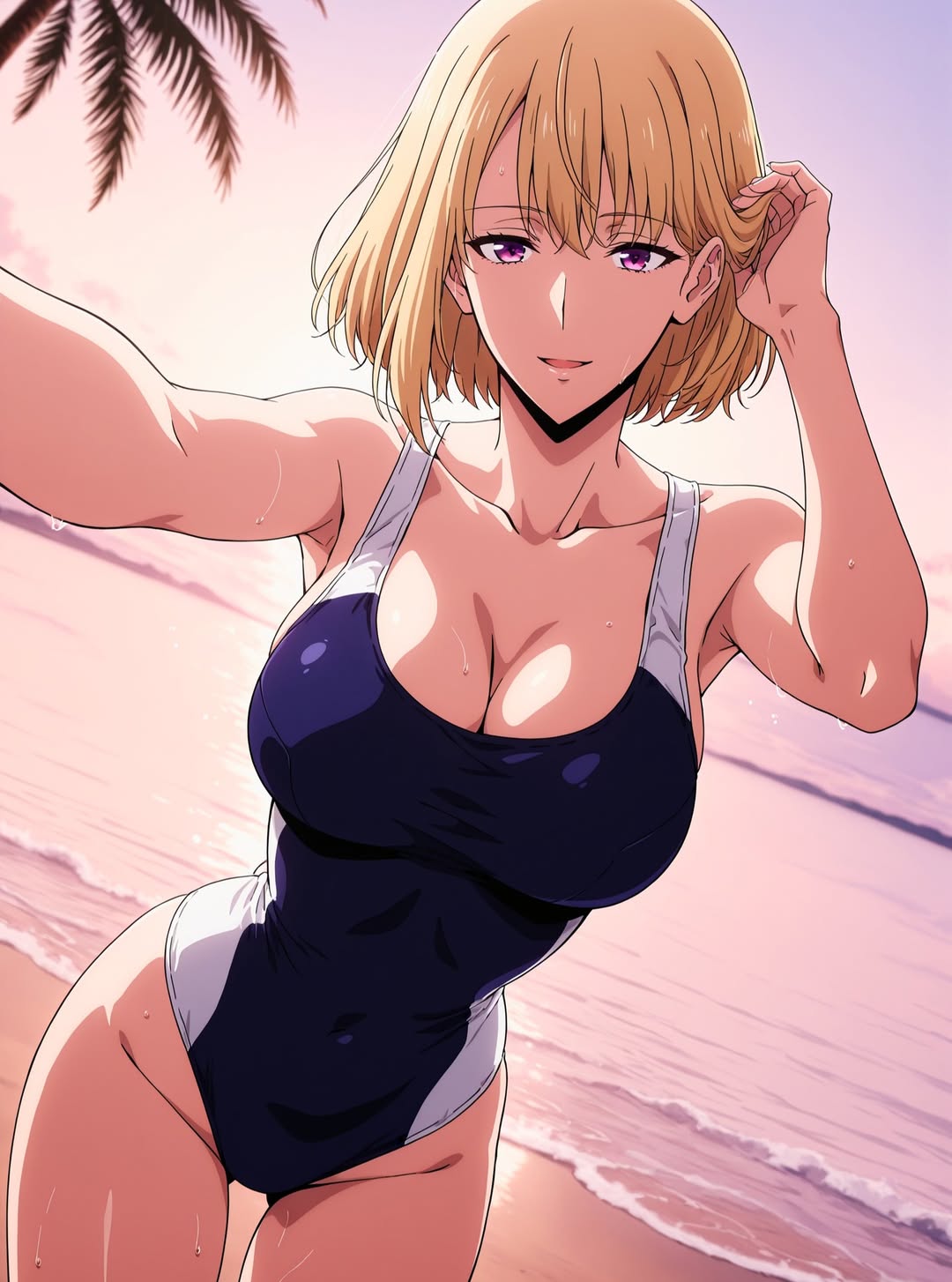 2025, ai generated, anime, beach background, blonde female, blonde-haired female, blue swimsuit, cha hae in, crunchyroll, female, female only, hand on hair, holding viewer, instagram, looking at viewer, meta, smile at viewer, smiling at viewer, solo leveling, unknown artist, wet body, white swimsuit