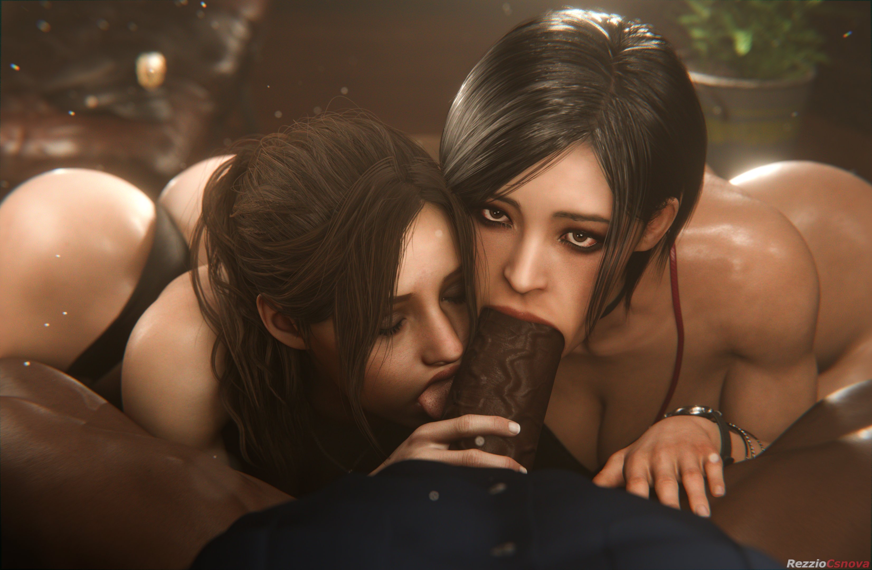 ada wong, asian, asian female, ass, ass up, big penis, blowjob, blowjob face, capcom, caucasian female, claire redfield, claire redfield (jordan mcewen), cleavage, dark skin, dark-skinned male, female, hands on penis, interracial, licking penis, looking up, male, marvin branagh, penis, police, police uniform, resident evil, resident evil 2, rezzio19, thong, watch