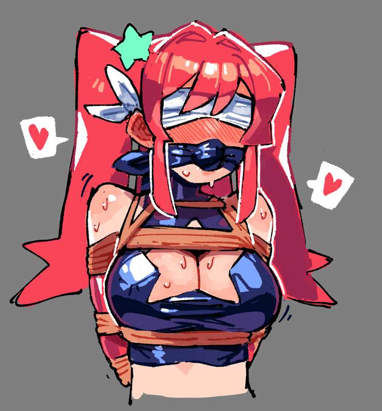bangs, blindfold, bondage, breasts, gag, heart, kaatokunart, long hair, lyra (kaatokunart), oc, orange hair, original, red hair, star, sweat, sweatdrop, tied, tied up