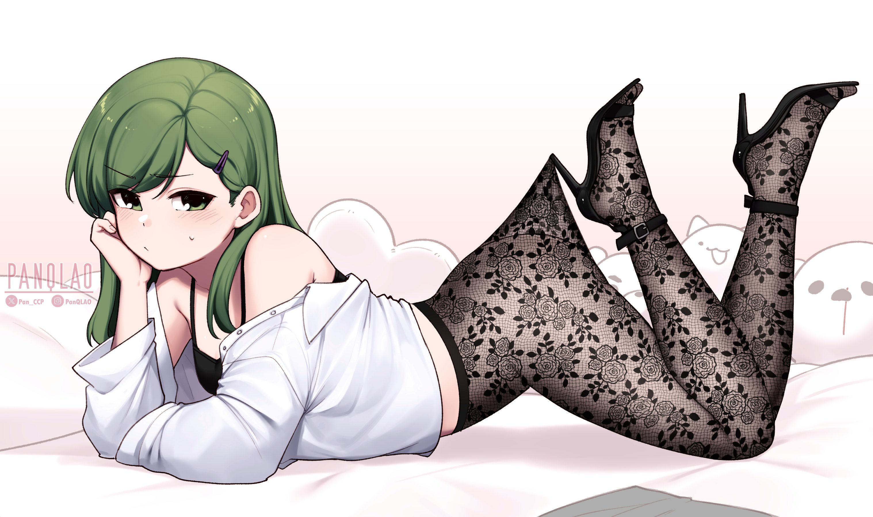 1girls, ass, black pantyhose, female, flat chest, full body, green eyes, green hair, high heels, igarashi futaba, lace pantyhose, lace pantyhose hooked on heel (meme), meme, off shoulder, open shirt, panqlao, pantyhose, petite, petite female, senpai ga uzai kouhai no hanashi, solo, strappy heels, unbuttoned shirt