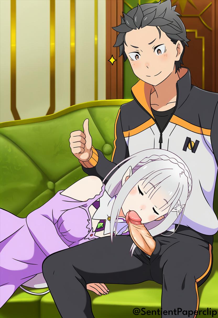 ai generated, clothed, emilia (re:zero), erection, implied oral, natsuki subaru, re:zero kara hajimeru isekai seikatsu, sentientclip, sentientpaperclip, sleep molestation, sleeping, thumbs up, white hair