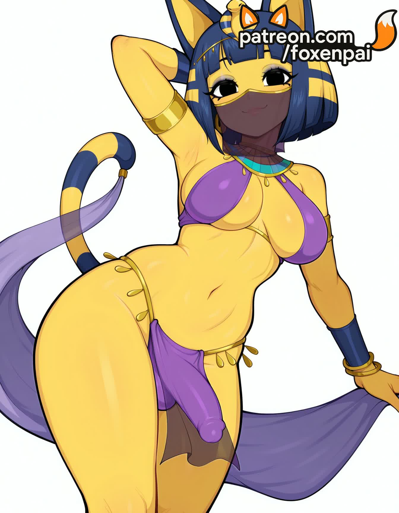 1futa, 2025, ai generated, animal crossing, animal ears, ankha, ankha (animal crossing), artist name, average breasts, balls, bangs, blunt bangs, breasts, bulge, bust, cat ears, chest, cock, colored skin, dick, erection, foxenpai, futanari, hi res, high quality, high resolution, highres, intersex, jewelry, medium breasts, navel, nintendo, normal breasts, patreon, patreon username, penis, smile, solo, stable diffusion, tail, testicles, uncensored, watermark