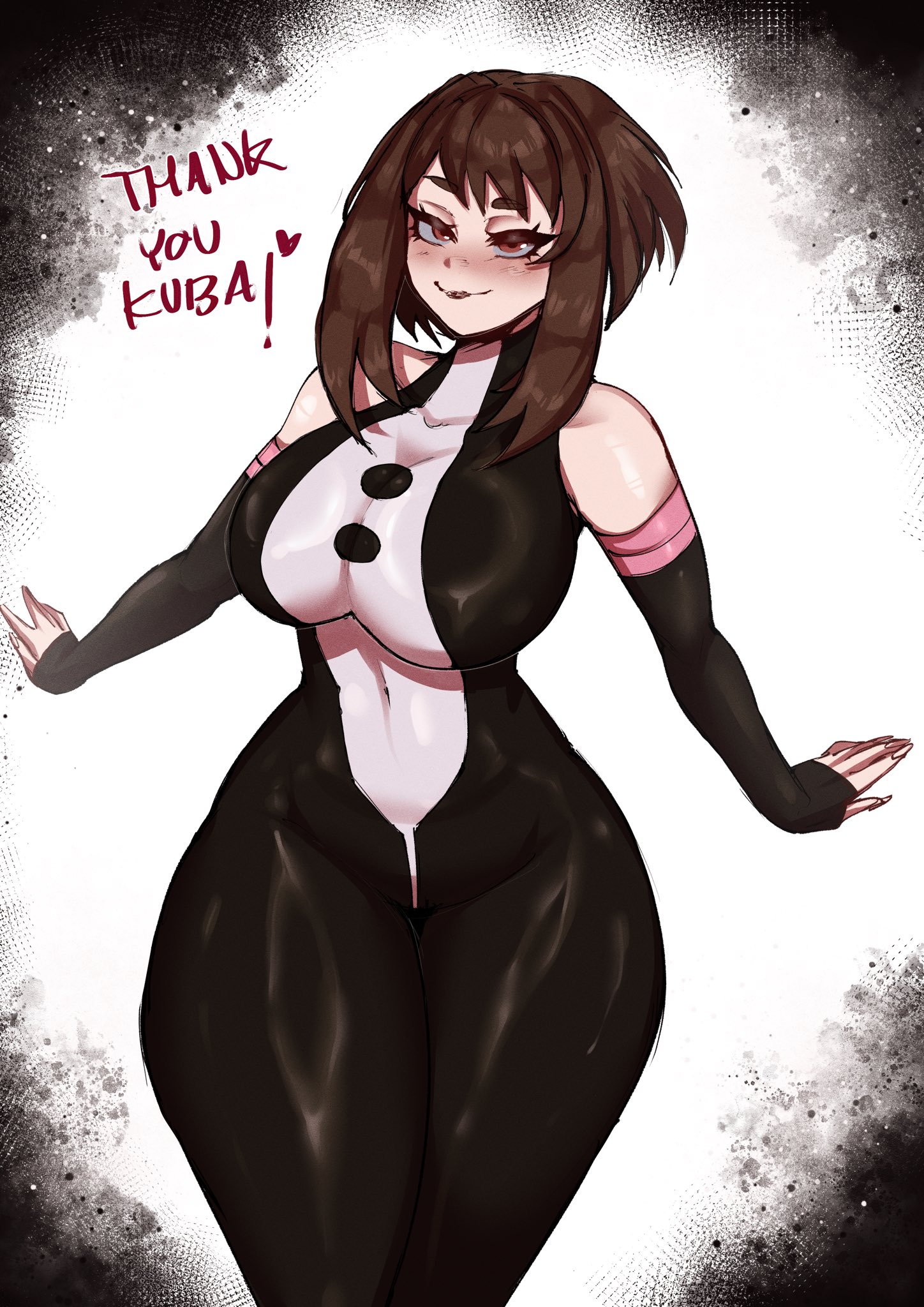 1girls, ass, big ass, big breasts, bodysuit, boku no hero academia, breasts, brown hair, deadcloud, female, female only, hero outfit (mha), heroine, huge ass, jpeg, large ass, latex, looking at viewer, looking back, my hero academia, ochako uraraka, ochako uraraka (hero outfit), peace sign, plain background, pose, posing for the viewer, short hair, simple background, speech bubble, voluptuous, voluptuous female