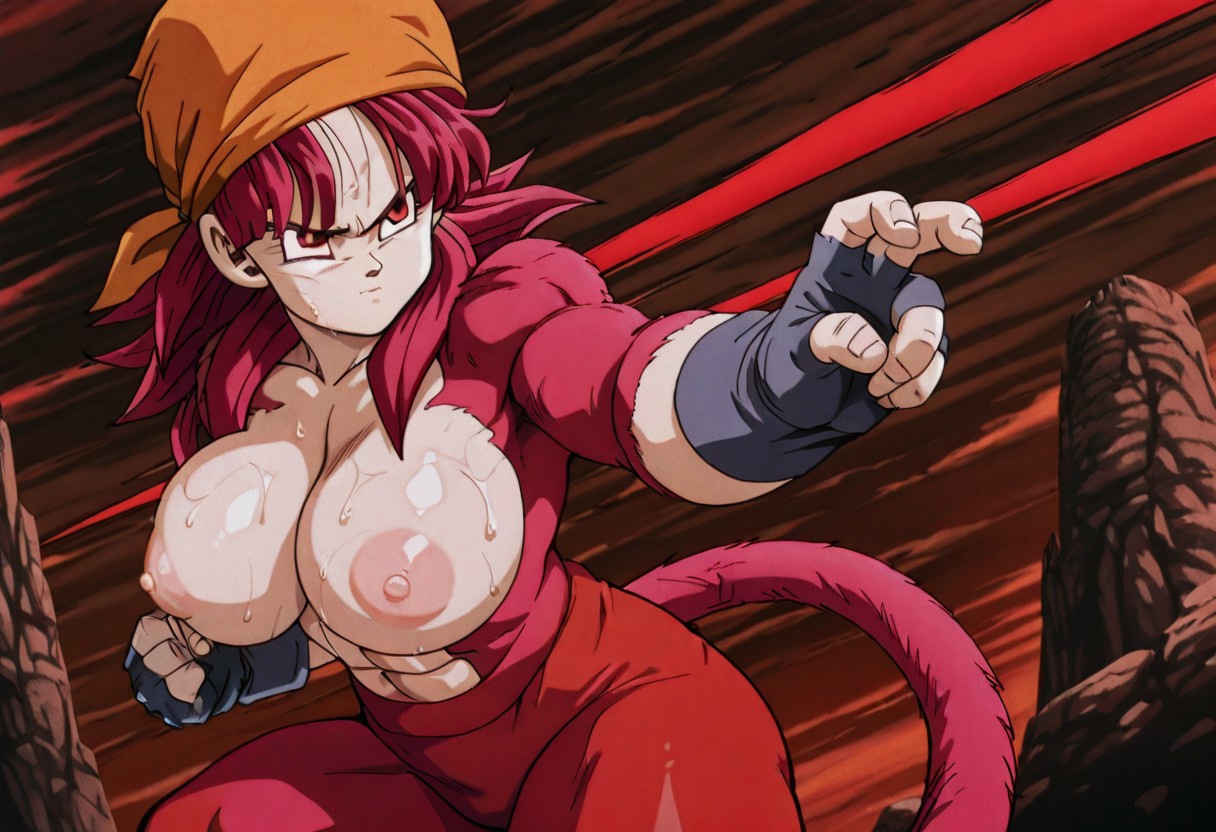 1girls, abs, aged up, ai generated, athletic, athletic female, bandana, big breasts, breasts, breasts out, dragon ball, dragon ball daima, dragon ball gt, female, female focus, female only, fingerless gloves, illustrious (stable diffusion), long hair, long hair female, monkey tail, orange bandanna, pan (dragon ball gt), pan (dragon ball), red fur, red hair, red hair female, red pants, red tail, saiyan, saiyan female, saiyan tail, self upload, solo, solo female, solo focus, super saiyan 4, sweat, sweating, sweaty, sweaty breasts, tagme, tail, thick thighs, toei animation