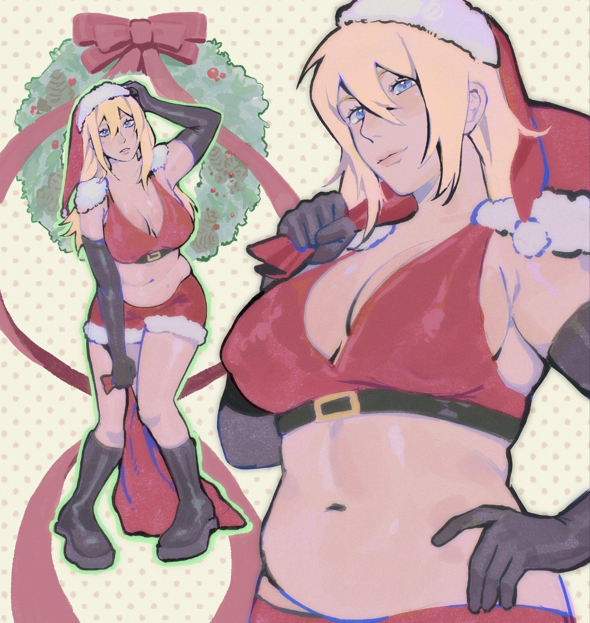 black boots, blonde female, blonde hair, blue eyes, boots, breasts, christmas, dorohedoro, female, ksooupart, looking at viewer, nikaidou (dorohedoro), nipple bulge, red shorts, red topwear, revealing clothes, santa costume, santa hat, shorts, slightly chubby, slightly chubby female