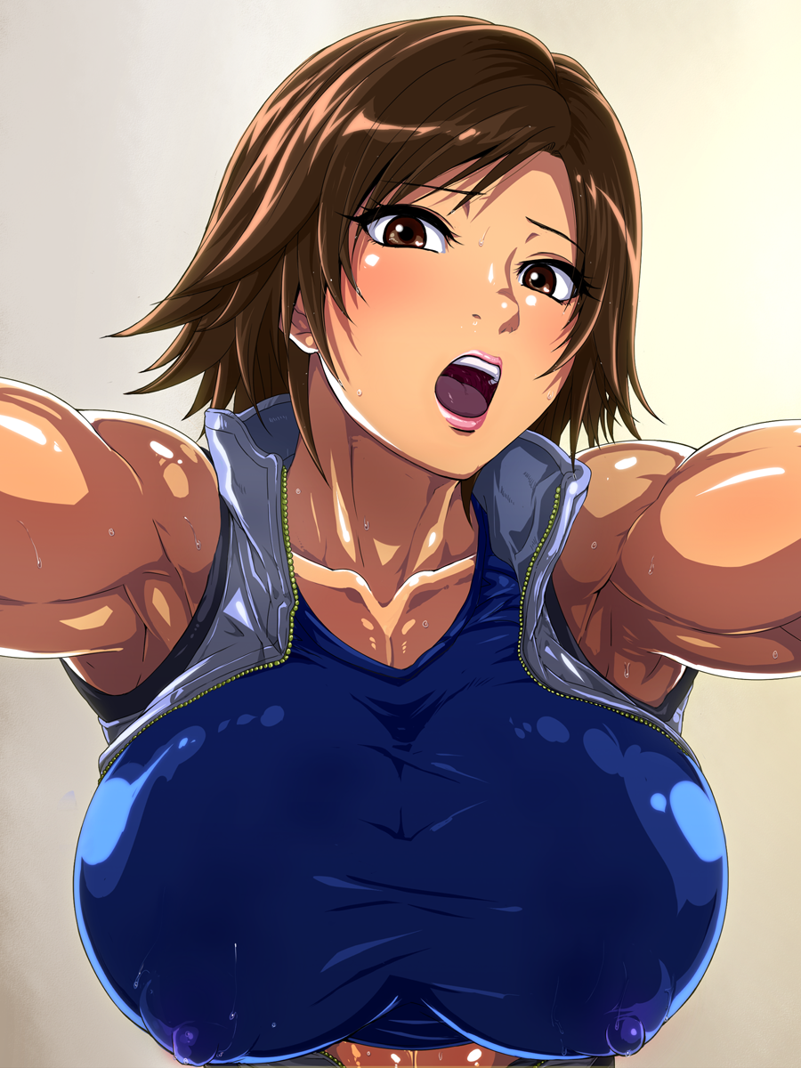 1girls alternate_breast_size armpits asuka_kazama big_breasts blue_sports_bra breasts brown_hair clothed erect_nipples erect_nipples_under_clothes female female_only huge_breasts kazama_asuka large_breasts muscular muscular_armpits muscular_arms muscular_female naughty_face nipples_visible_through_clothing open_mouth raburebo sex solo sweat tekken tomboy