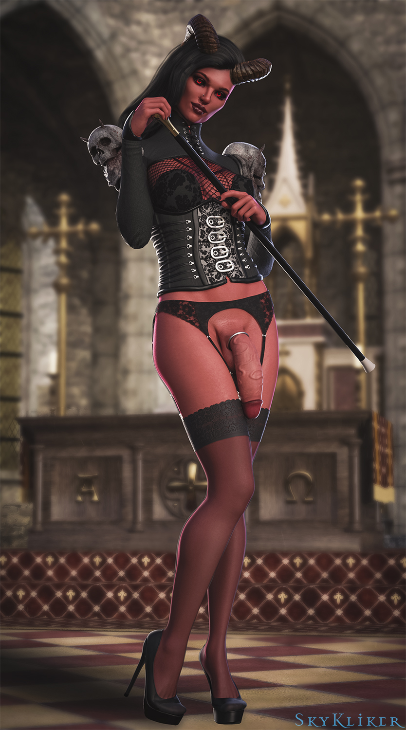 1futa, 3d, balls, black horns, black sclera, bottomless, breasts, church, cleavage, cock ring, corset, curvy, dark skin, dark-skinned futa, demon, demon girl, demon horns, female, flaccid, futa only, futa sans pussy, futanari, garter belt, garter straps, glowing eyes, high heels, horn, horns, huge cock, intersex, lace-trimmed legwear, lace-trimmed thighhighs, large penis, lingerie, looking at viewer, medium breasts, penis, red eyes, red lips, red skin, ridged horns, shoulder pads, silver cock ring, skull, skykliker, solo, solo futa, staff, standing, succubus, testicles, thick lips, thighhighs, veiny penis