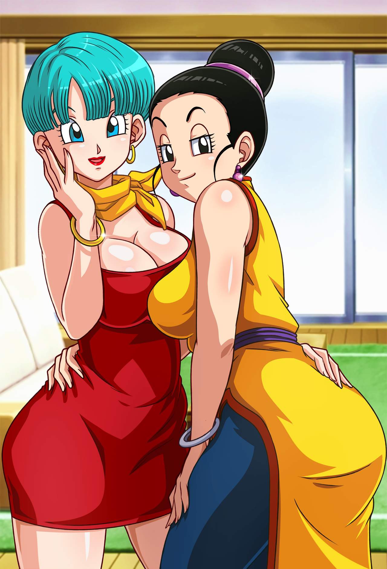 2girls, ass, bangs, big ass, big breasts, big butt, bimbo, black eyes, black hair, blue eyes, blue hair, blunt bangs, breasts, bulma briefs, busty, caressing, chichi, cleavage, closed mouth, curvaceous, curvy, curvy figure, dragon ball, dragon ball super, dragon ball z, earrings, eye contact, eyebrows visible through hair, feet out of frame, female, female only, fully clothed, hand on hip, hi res, high resolution, highres, hourglass figure, huge breasts, indoors, large breasts, light skin, light-skinned female, looking at viewer, milf, no bra, open mouth, open smile, red lipstick, sano-br, short hair, shounen jump, smile, thin waist, tied hair, tongue, wide eyed, wide hips, yuri