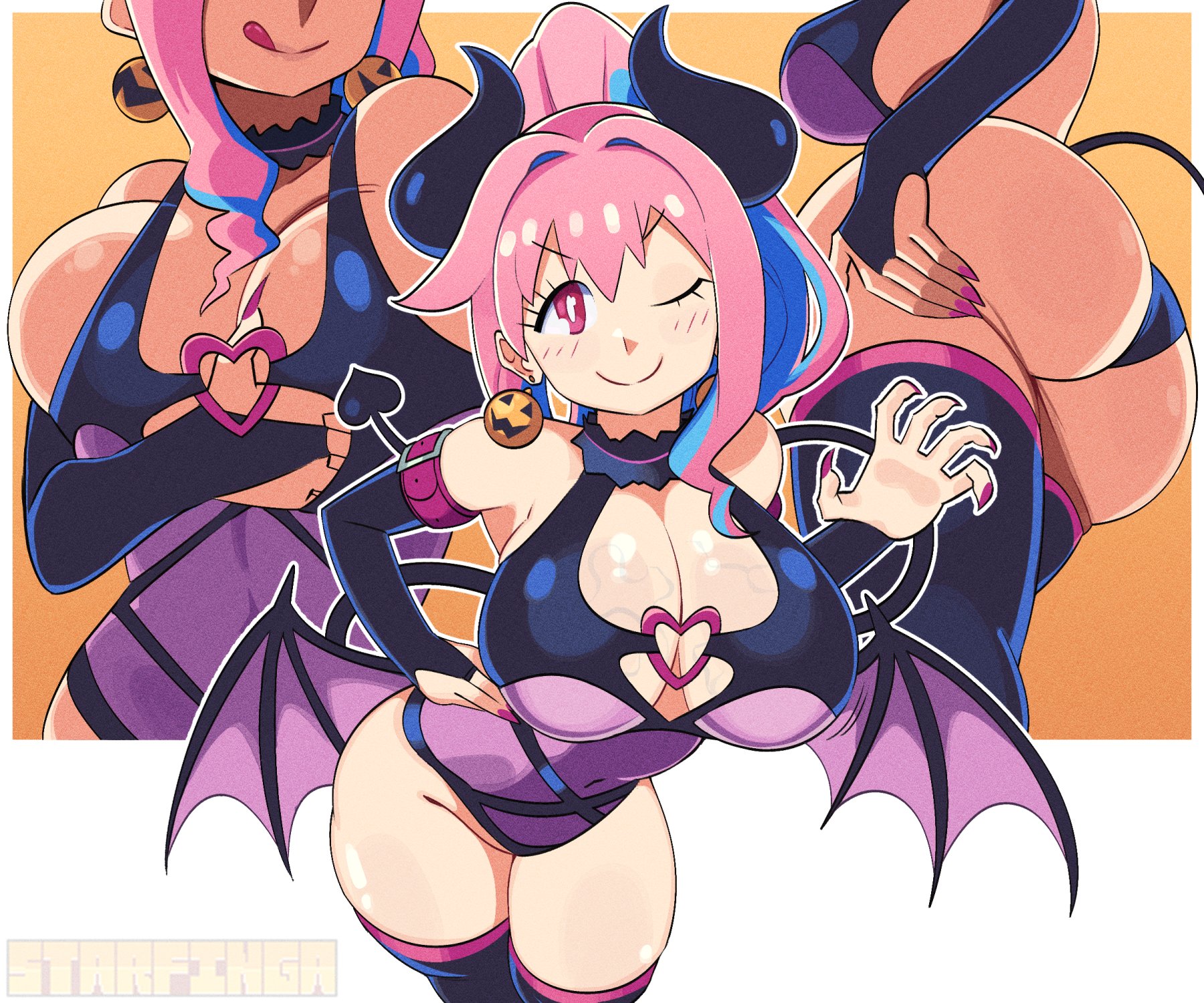 1girls, 2025, armwear, ass, ass shot, ass support, big ass, big breasts, bimbo, black gloves, black thighhighs, blue hair, blush, breast focus, breasts, cleavage, close-up, curvy, demon girl, ear piercing, earrings, elbow gloves, fake tail, female, female only, fingerless gloves, gloves, gyaru, hair, hand on ass, highleg leotard, hips, horns, hozuki kaede, huge ass, huge breasts, legwear, leotard, multiple views, nail polish, nails, one eye closed, onii-chan wa oshimai!, pink eyes, pink hair, pink nail polish, pink nails, pointy ears, ponytail, revealing clothes, shiny skin, skimpy, skimpy clothes, smile, solo, solo female, starfinga, succubus, succubus costume, succubus horns, succubus tail, succubus wings, tail, thick thighs, thighhighs, thighs, tied hair, tongue, tongue out, two-tone hair, veiny breasts, wide hips, wings, wink, winking