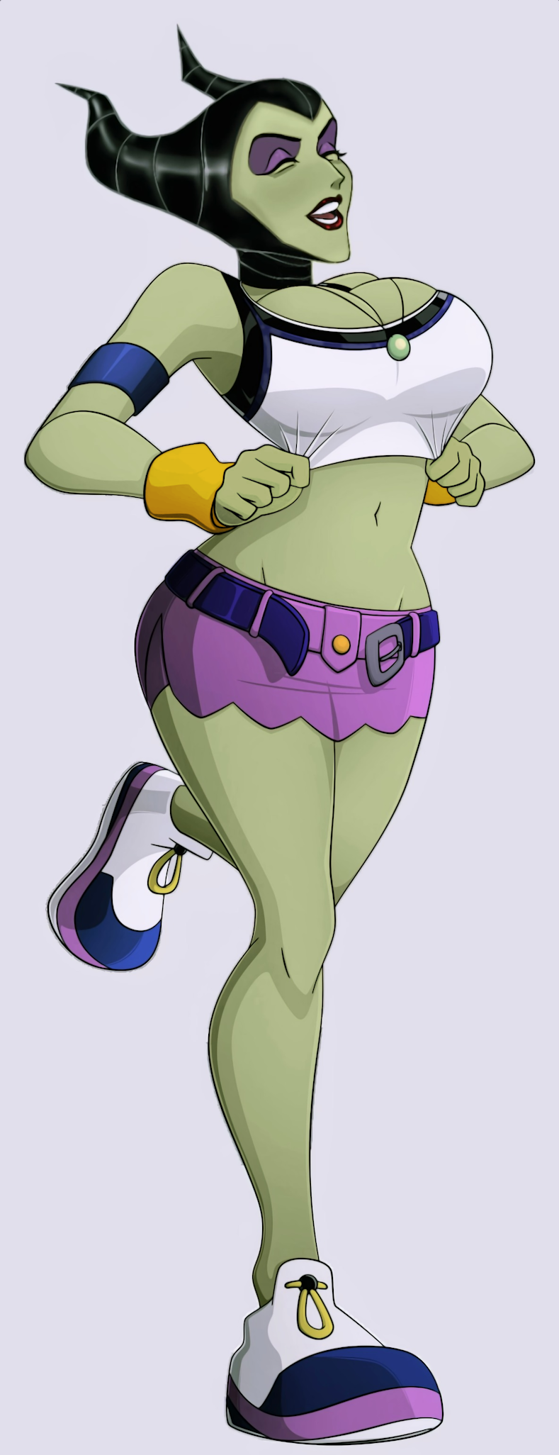 1girls, artist request, belt, big breasts, breasts, cleavage, closed eyes, clothed, cosplay, curvy, disney, disney villains, eyeshadow, female, female only, full body, green skin, kairi, kingdom hearts, large breasts, lipstick, maleficent, mature female, midriff, navel, necklace, open mouth, plain background, skirt, sleeping beauty (1959 film), solo, square enix, tight clothing, unbuckled belt