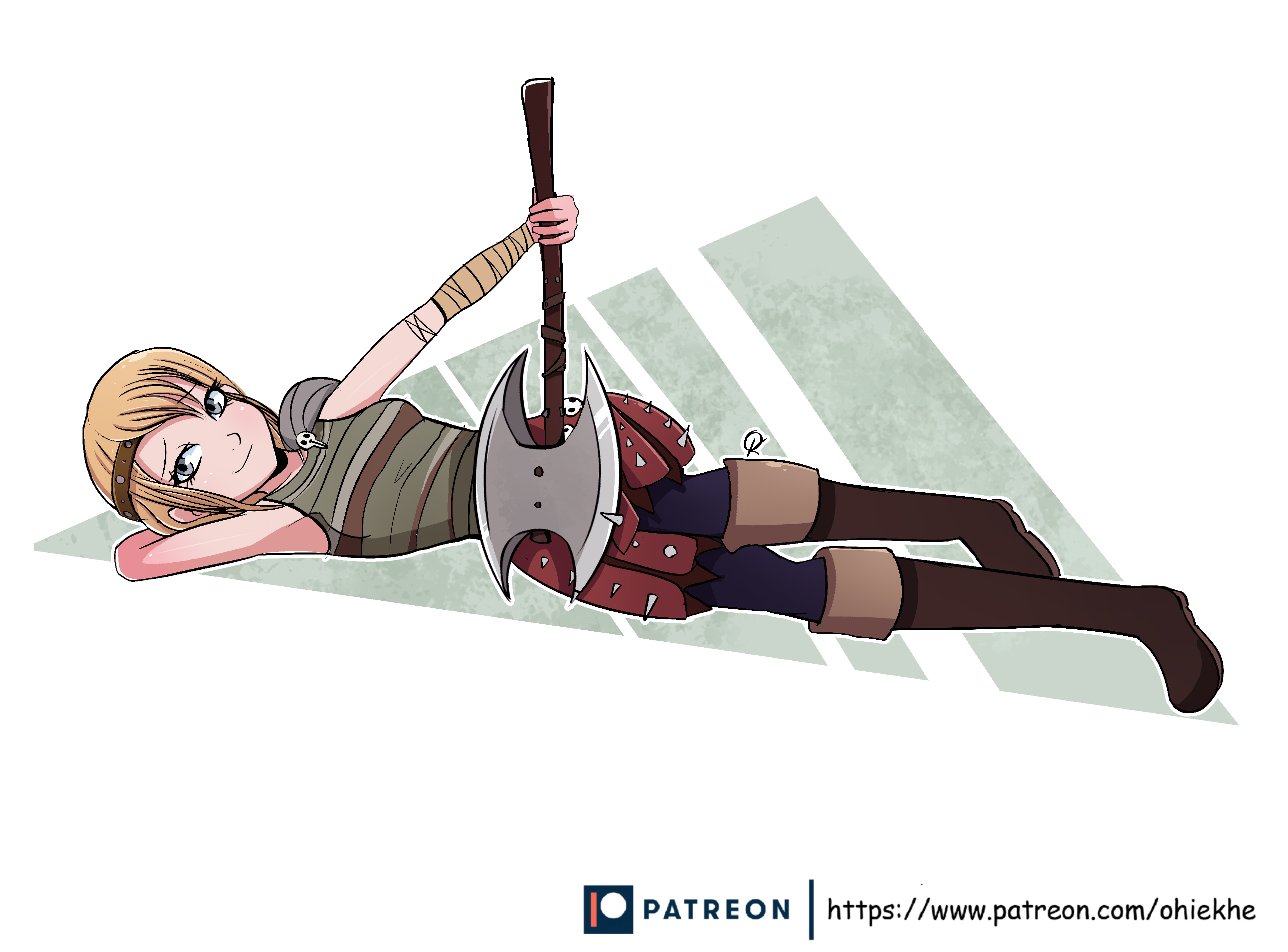 astrid hofferson, axe, blonde hair, female, female only, how to train your dragon, looking at viewer, ohiekhe, smiling at viewer, viking