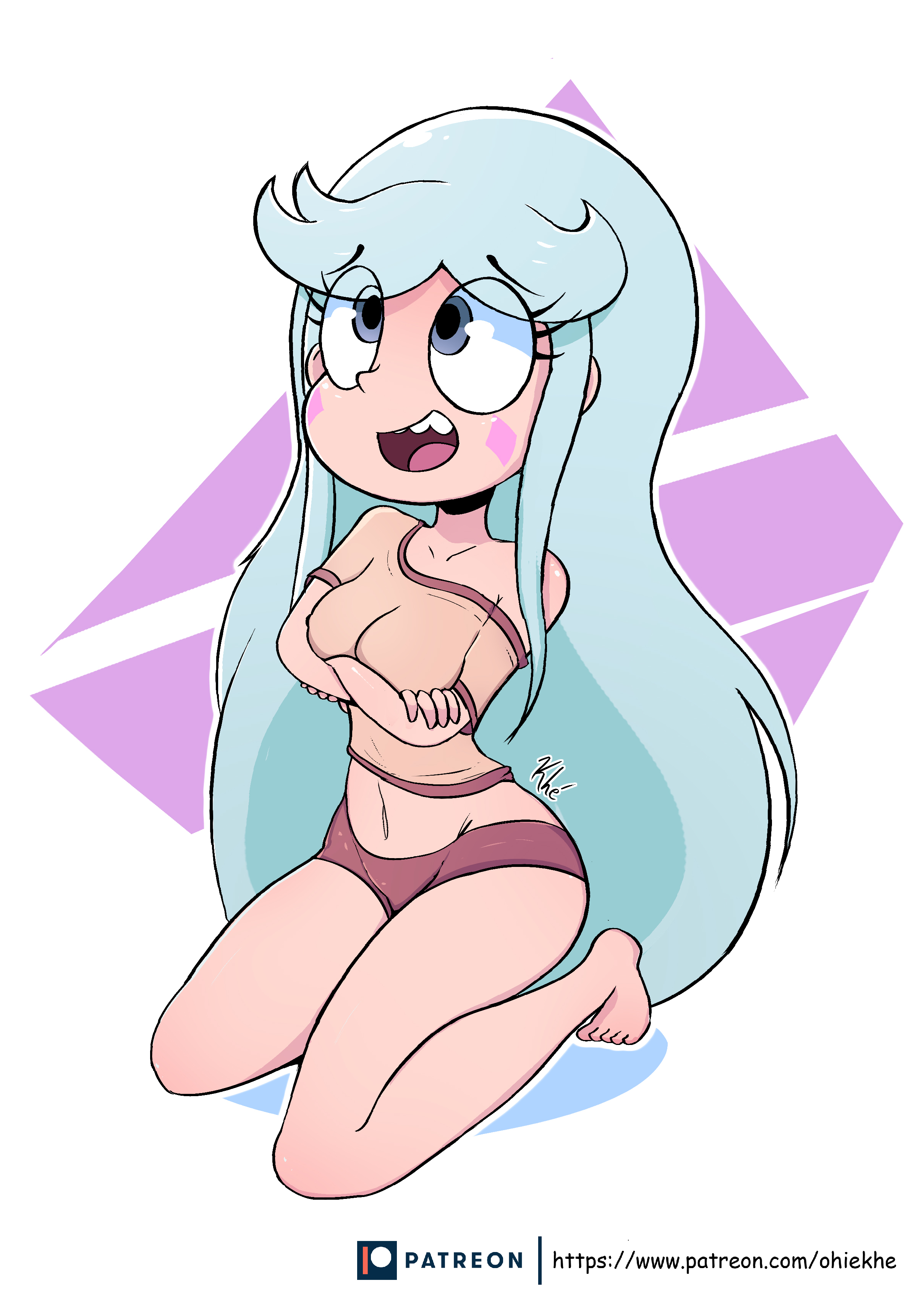 1girls, aged down, blue eyes, blue hair, cleavage, clothed, clothes, clothing, crossed arms, disney, disney channel, disney xd, eyelashes, female, female only, kneeling, long hair, looking away, looking up, moon butterfly, ohiekhe, patreon, simple background, smiling, solo, star vs the forces of evil, younger female