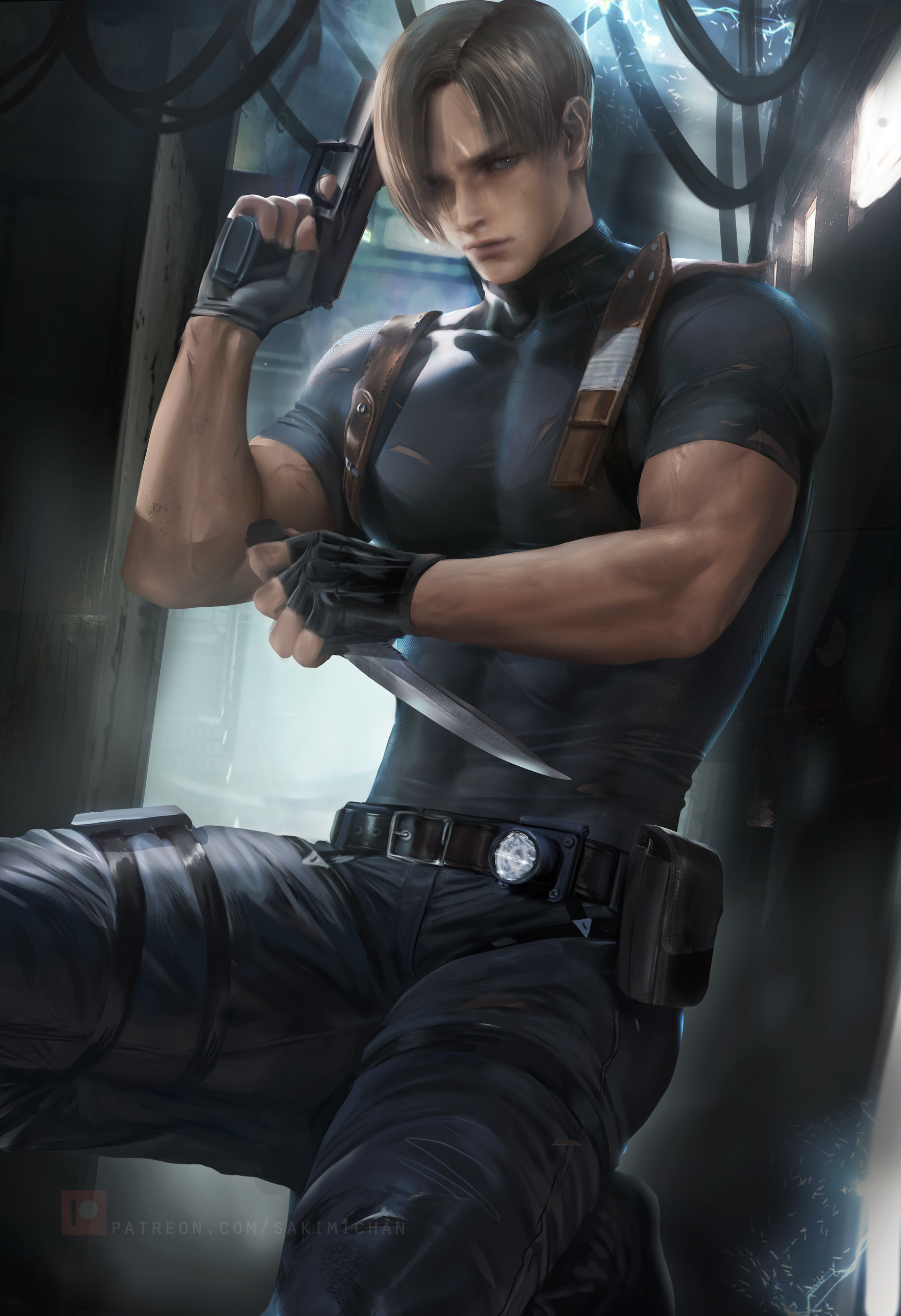 gun, knife, leon scott kennedy, male, male only, resident evil, sakimichan, solo