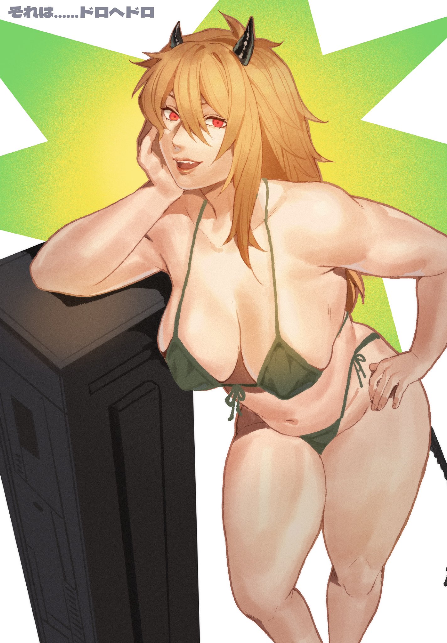 alternate version available, belly, big breasts, bikini, bikini bottom, bikini only, bikini top, blonde female, blonde hair, breasts, cleavage, devil girl, devil horns, devil tail, dorohedoro, female, green bikini, hand on face, ksooupart, large breasts, looking at viewer, navel, nikaidou (dorohedoro), red eyes, sexy, sexy body, slightly chubby, slightly chubby female, thick thighs, thighs