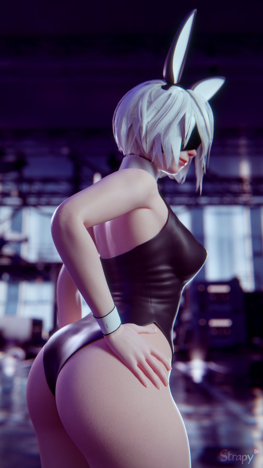 1girls, 3d, ass, blender, breasts, bunny ears, bunny girl, bunnysuit, cleavage, female, female only, nier, nier: automata, solo, strapy, yorha 2b