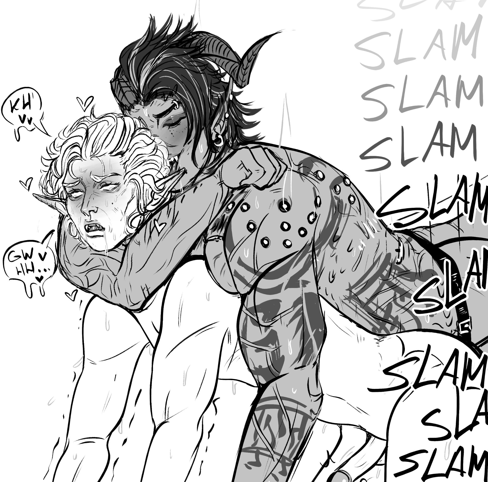 1boy, 1boy1girl, 1girls, anal sex, astarion, baldur's gate 3, bottom, choke hold, choking, choking while penetrating, dark skin, dark-skinned female, doggy style, dominant female, drooling, ear ring, elf male, english text, erection, eyes rolling back, female, femdom, from behind, from behind position, heart, hearts, horns, karlach, light skin, light-skinned male, long ears, male, male ahegao, monochrome, muscular, muscular female, pegging, piercing, piercings, planetcoma, rolling eyes, rough sex, scars, sketch, straight, strangling, strap-on, strapon, submissive male, sweat, tattoos, tears, thrusting, tiefling, uncolored