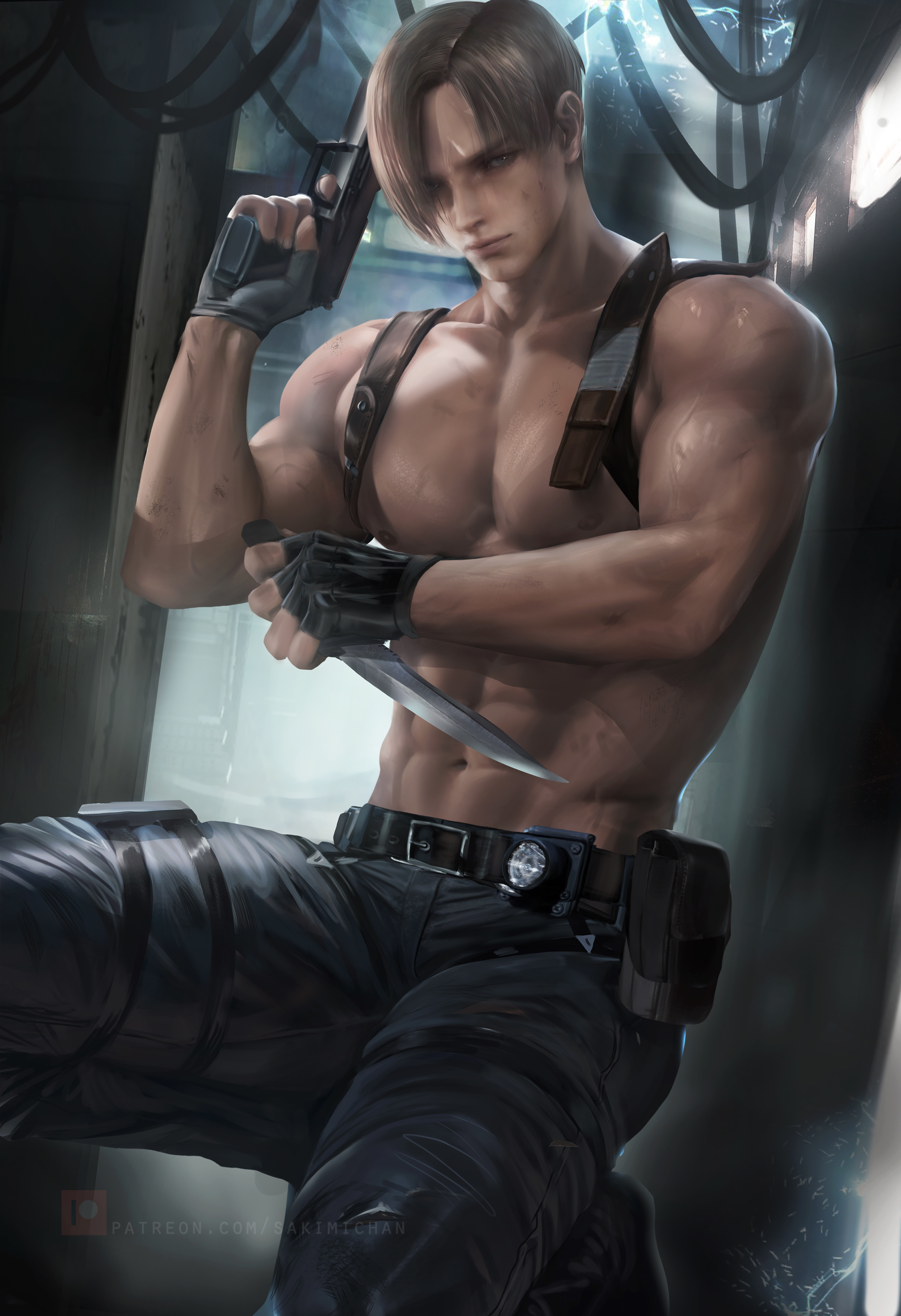 1boy, gun, knife, leon scott kennedy, male, male only, resident evil, sakimichan, shirtless, solo