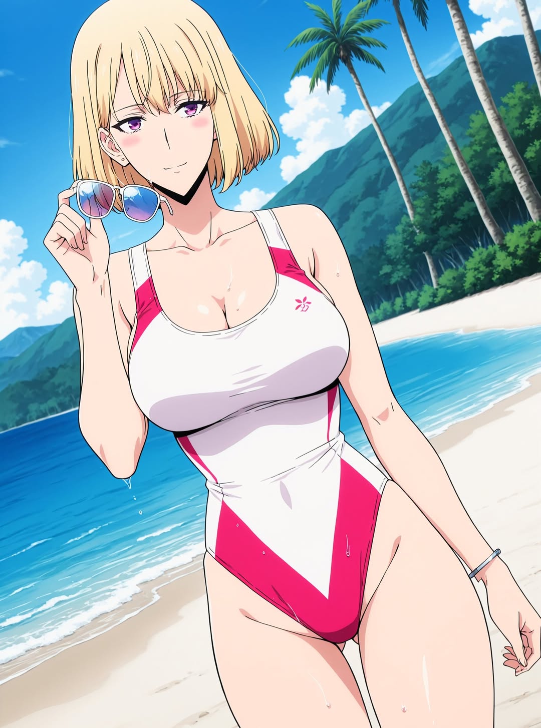 2025, ai generated, anime, beach background, blonde female, blonde hair female, cha hae in, crunchyroll, female, female only, holding sunglasses, instagram, looking at viewer, meta, pink swimsuit, smile at viewer, smiling at viewer, solo leveling, unknown artist, wet body, wet head, wet swimsuit, white swimsuit