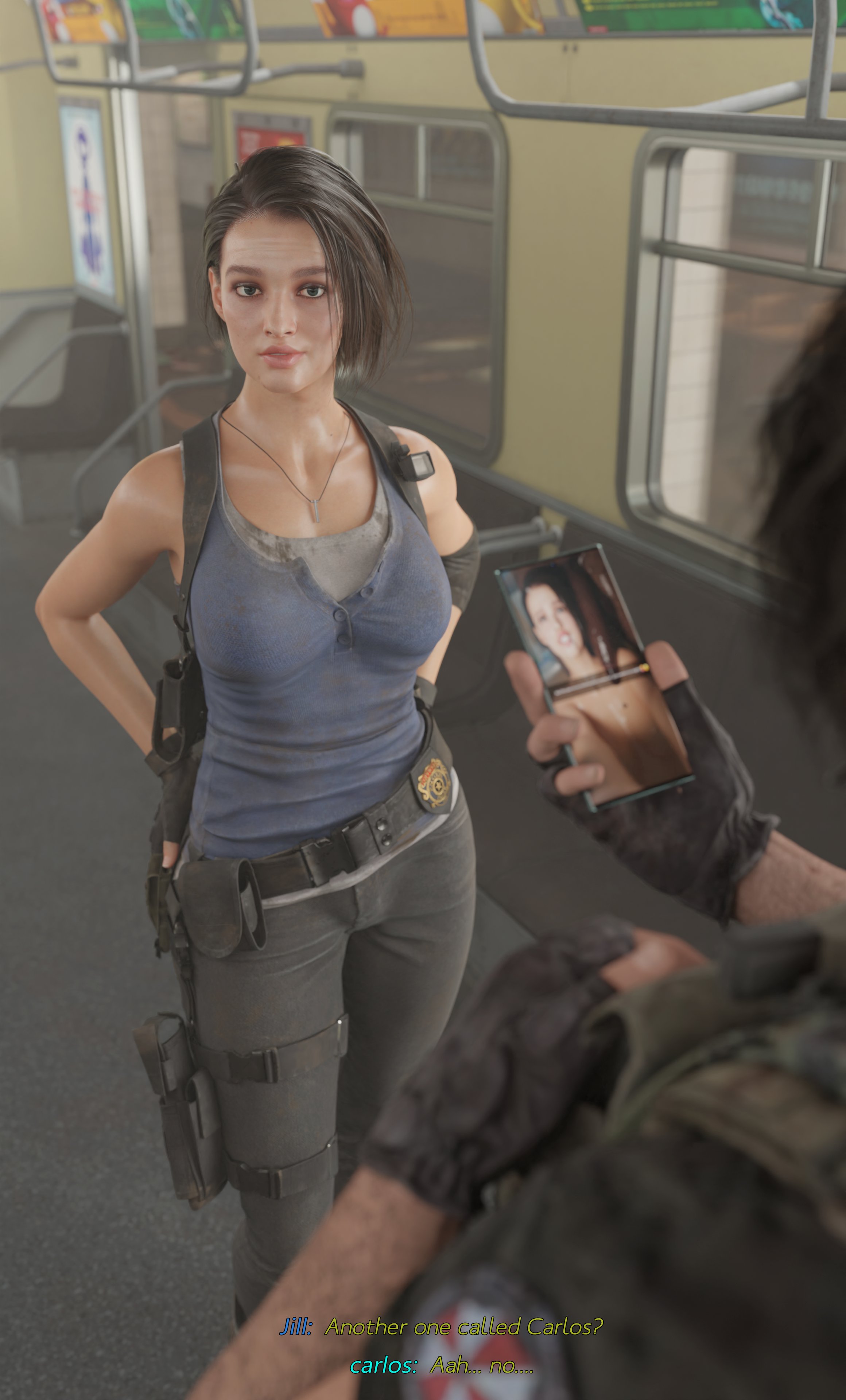 3d, capcom, carlos oliveira, cellphone, clothed, cuckold, dark skin, dark-skinned male, dialogue, interracial, jill valentine, jill valentine (sasha zotova), male, resident evil, resident evil 3, serahnsfwart, tagme
