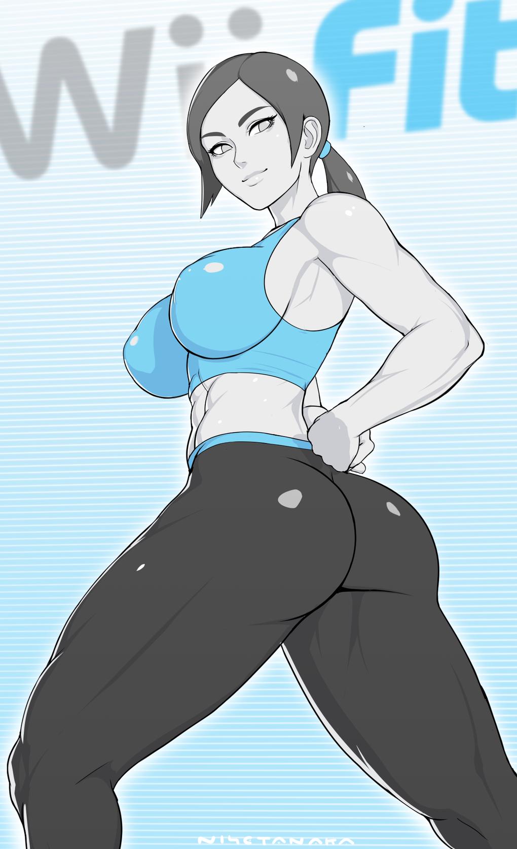 1girls, abs, ass, big breasts, breasts, cleavage, female, female only, huge ass, huge breasts, large breasts, looking at viewer, looking back, muscular, muscular female, naughty face, nintendo, nisetanaka, nisetanaqa, seductive, seductive smile, smile, solo, thick thighs, wii fit, wii fit trainer, wii fit trainer (female), yoga pants