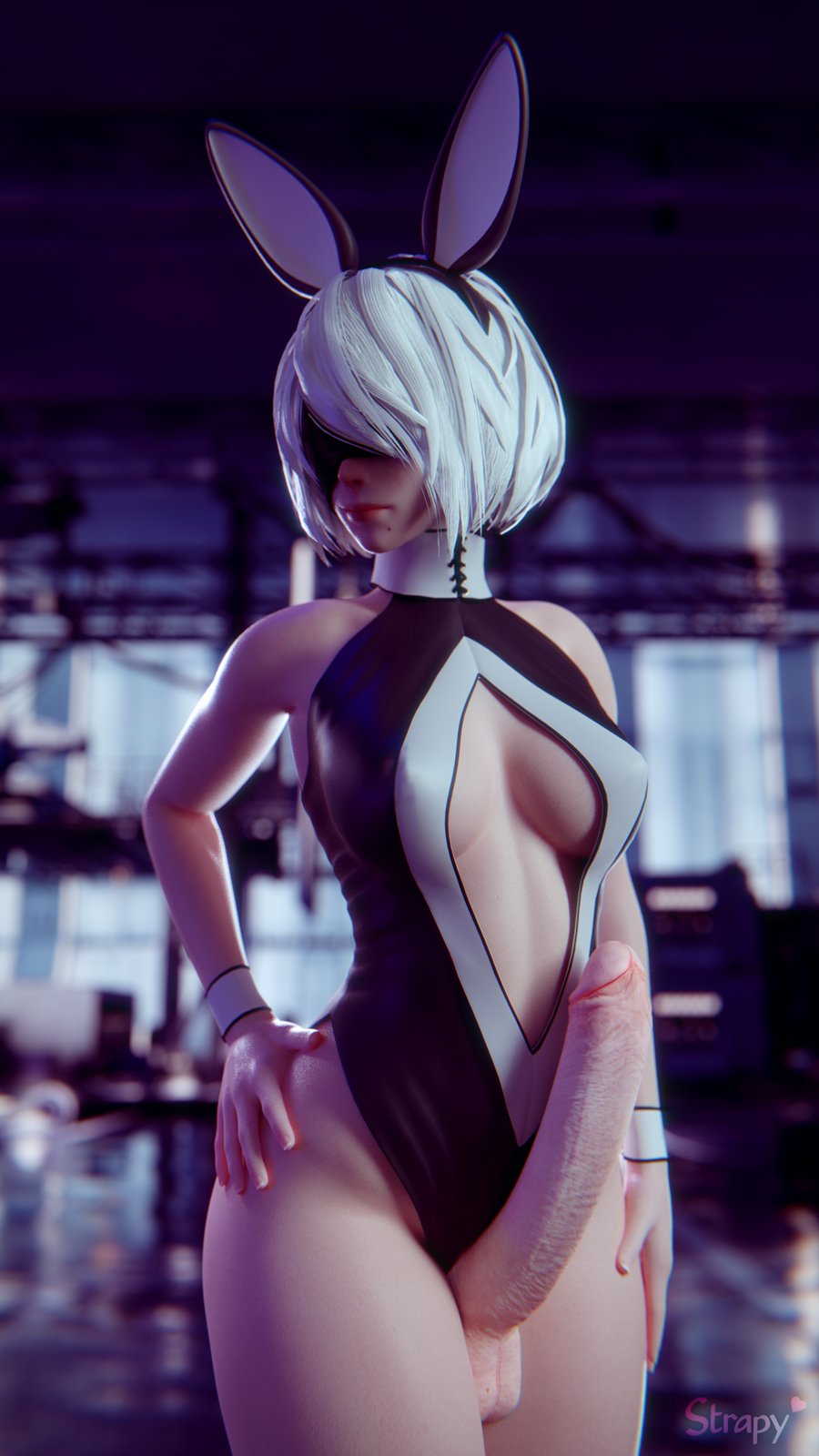 1futa, 3d, balls, big penis, breasts, bunny ears, bunny girl, bunnysuit, cleavage, dickgirl, erection, female, futa only, futanari, intersex, nier, nier: automata, penis, solo, solo futa, strapy, testicles, yorha 2b